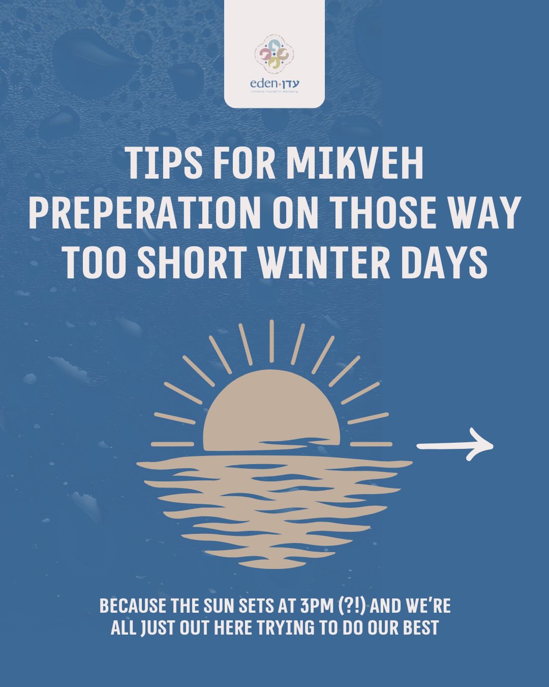 We get the short days with long to-do lists… but we’ve got your back!
Short winter days don’t have to make mikveh prep a hassle. Follow our tips to keep the experience calm, peaceful, and even enjoyable!
For more information on how to keep your Jewish life stress-free, check out Rebekah Saltzman’s book Organized Jewish Life.
#Mikveh #winterdays #shortwinterdays #mikvehprep #preperation