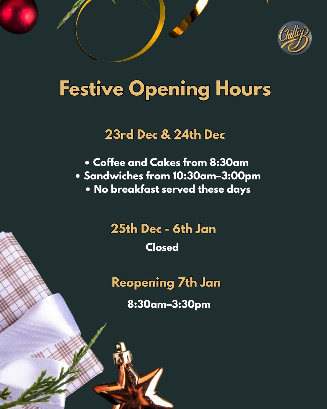 🎄OUR FESTIVE OPENING HOURS🎄
We’re taking a tiny little break in the end of December just enough time to recharge and dream up more delicious sandwiches! 🥪✨
Don’t worry… we’ll be back before you even miss us!
#chillibs #festivehours #hitchineats #supportlocalhitchin