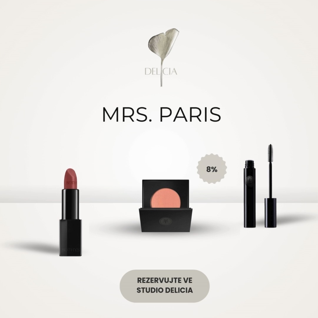 Mrs. Paris make-up.
Pourquoi porter autre chose?
Luxusní péče a elegance přímo na Vaší pleti.
Vyzkoušejte denní líčení ve studio Delicia a nechte svou krásu zářit od Mrs. Paris.