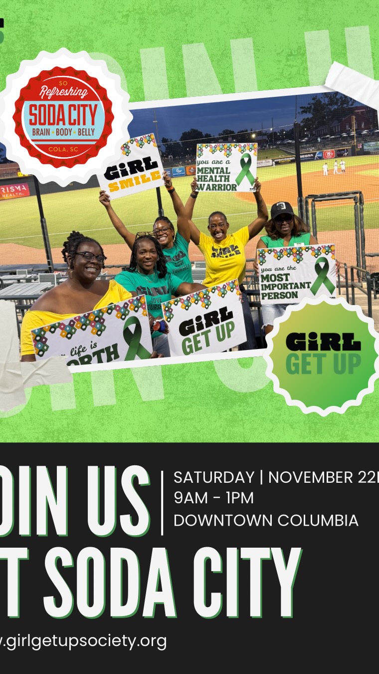 Columbia! We’re outside this Saturday‼️
Catch Girl Get Up Society @girlgetupsociety at Soda City Market on Nov 22nd — right across from The Joint on Main St!
Pull up for GGUS merch, good vibes, and info on our mission + our full-time leadership campaign.
Come say hi! We can’t wait to see you! 🫶🏾💚
#girlgetupsociety #girlgetup #mentalhealthawareness #mentalhealthmatters #mentalhealth #columbiasc #southcarolina #scnonprofit #sodacitysc #sodacitymarket
