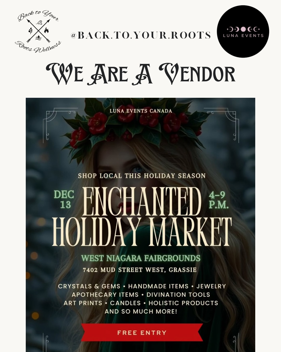 Weโre so excited to share that we will be a vendor at the upcoming Luna Enchanted Holiday Market โ West Niagara put on by @lunaeventscanada !โจ
Join us for a magical evening filled with 40+ incredible vendors, festive sips at Santaโs Bar๐
๐ผ, and all the holiday enchantment. Weโll be there with our mystical goods alongside makers offering crystals, candles, holistic treasures, art, jewelry, divination tools & moreโจ
๐
Saturday, December 13, 2025
โฐ 4 PM โ 9 PM
๐ West Niagara Fairgroundsโ 7402 Mud
Street West, Grassie
โจ Free Admission โ all are welcome!
Come shop local, explore + soak in the magic โ we canโt wait to see you there!
Check out @lunaeventscanada for more info + their upcoming events!
#supportlocal #shopsmallthischristmas #smallbusinesslove #lunaeventscanada