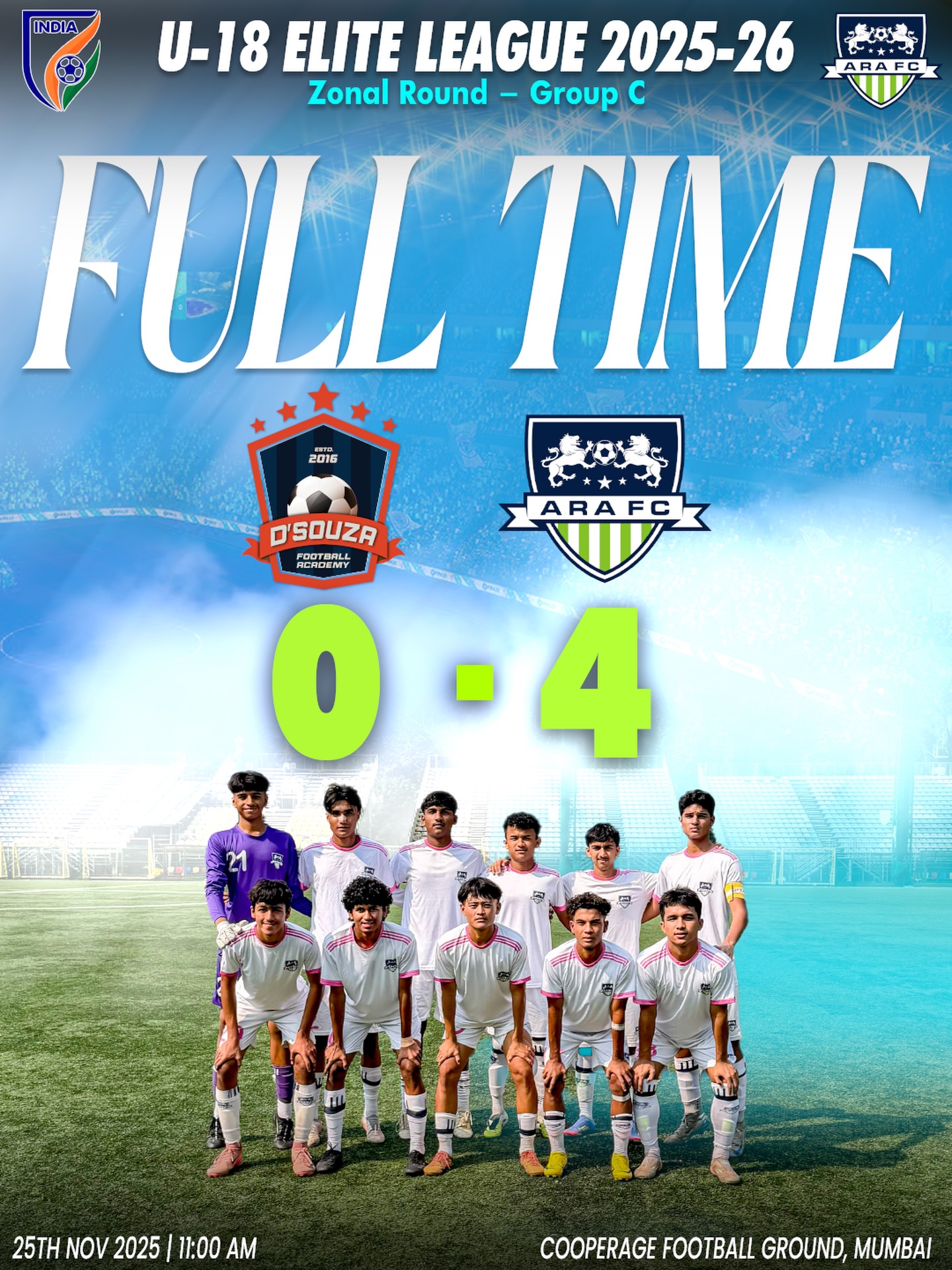 From a hard-fought draw in the opening match to a commanding 4–0 win away from home — the boys showed mentality and maturity in our second game of the U-18 Elite League Zonal Round.
A performance to build on.
#ARAFC #U18League #AwayMatch #ZonalRound #YouthSquad #MatchDay