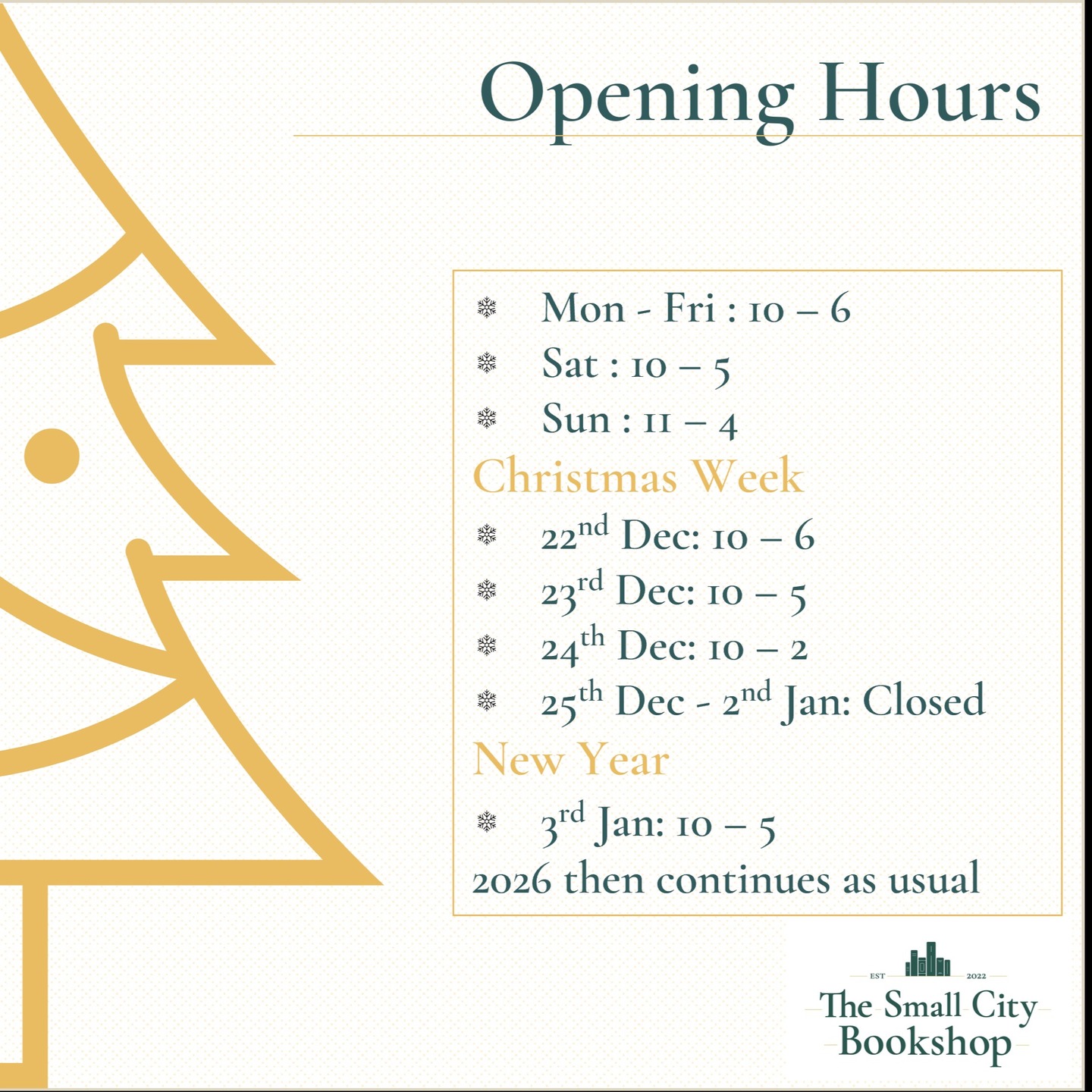 Updated Holiday Opening Hours!
🎉Note the extra Mondays (starting from 15th Dec)
❤️Note the Christmas Week hours
😊Note the time off to snooze and read books!
See you in the shop!
#indiebookshop #bristol #bristolbookshop #bookshop #bookstagramuk #bristolbookstagrammers #bookstagram #bookshopsofinstagram #bs5 #christmasshopping