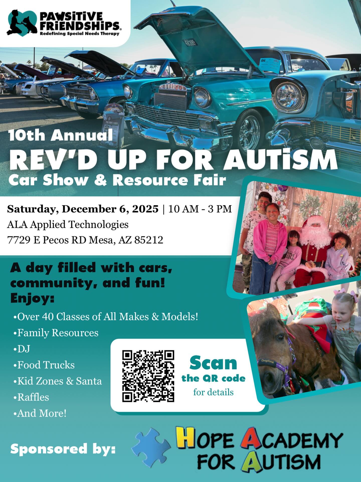 🚗💙 REV’D Up for Autism is THIS Saturday!
Join us Saturday, Dec. 6th for REV’D Up for Autism—a free, family-friendly event packed with cars, yummy food, family resources, and tons of fun—you won’t want to miss it! 🎉
📍ALA Mesa | 10 AM–3 PM
See you there!!
_______________________________________
#revdupforautism #pawsitivefriendships #hopeacademy4autism #alamesa #familyfun #autismacceptance #autismcommunity #autismfamily #autismfamily #autismo #escueladeautismo #autismschool #mesaaz #queencreek #scottsdaleaz #chandleraz #santanvalleyaz #laveen #phoenix #apachejunctionaz #gilbertaz #tempeaz #familyfunday