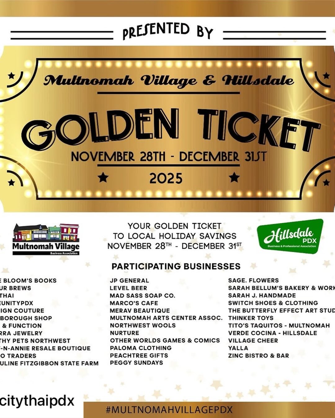 Get @reshare_app • @citythaipdx ✨ Golden Ticket is BACK! ✨
@citythaipdx only spend $30 on your meal and you’ll get a shiny Golden Ticket 🎫💛
Bring it next time, spend at least $40 and get $5 OFF your total bill!
Available for dine-in, takeout, and online pick-up.
Let the fun begin! ✨🥢
#citythaipdx #multnomahvillagepdx #mvgoldentickets2025