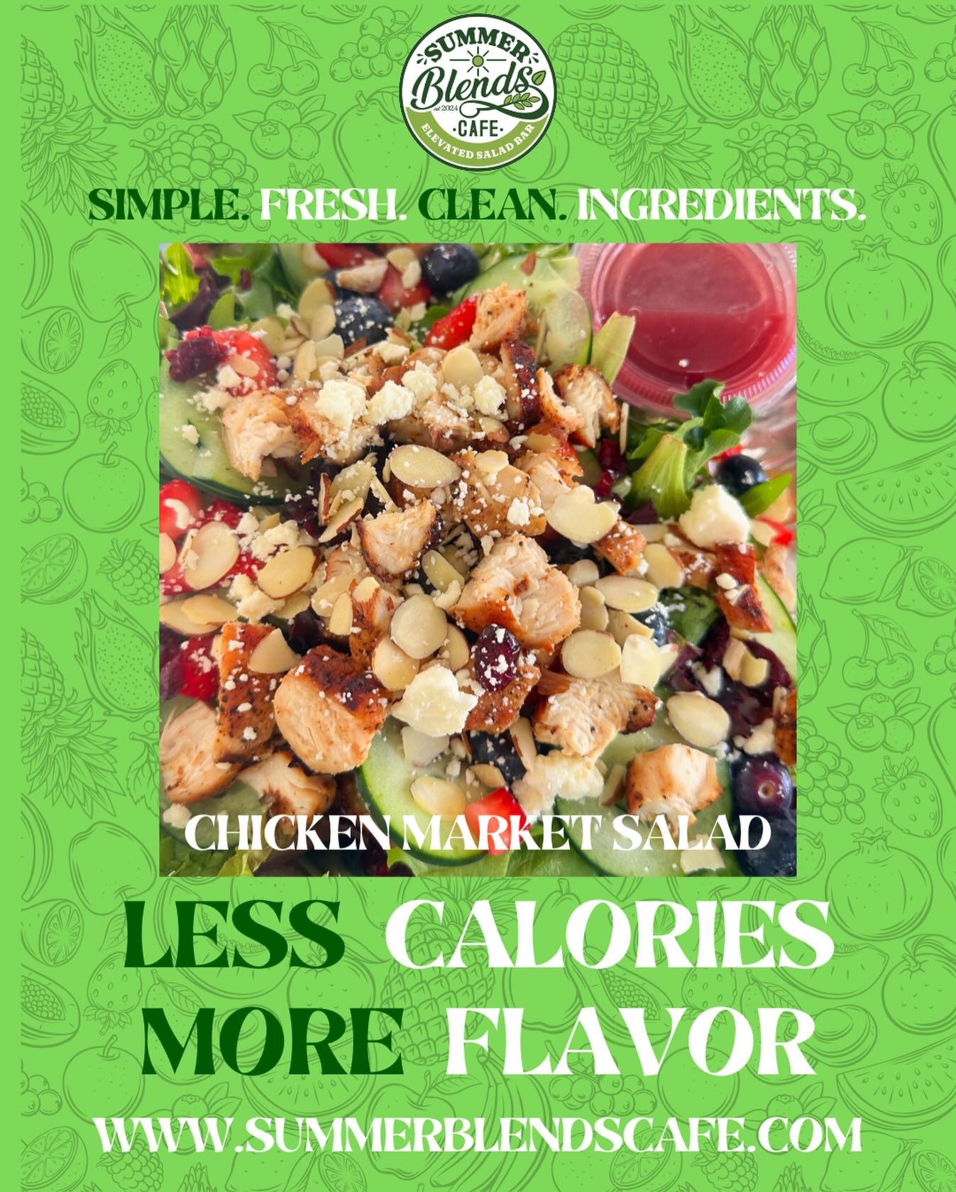 Did you know? Nothing at Summer Blends Cafe is fried. We’re committed to offering lower calorie options without sacrificing bold, delicious flavor!
Take a closer look at our Simple. Fresh. Clean. Ingredients. Featured above: our Market Salad with Grilled Chicken!💚
#summerblendscafe #summerblends #healthiswealth