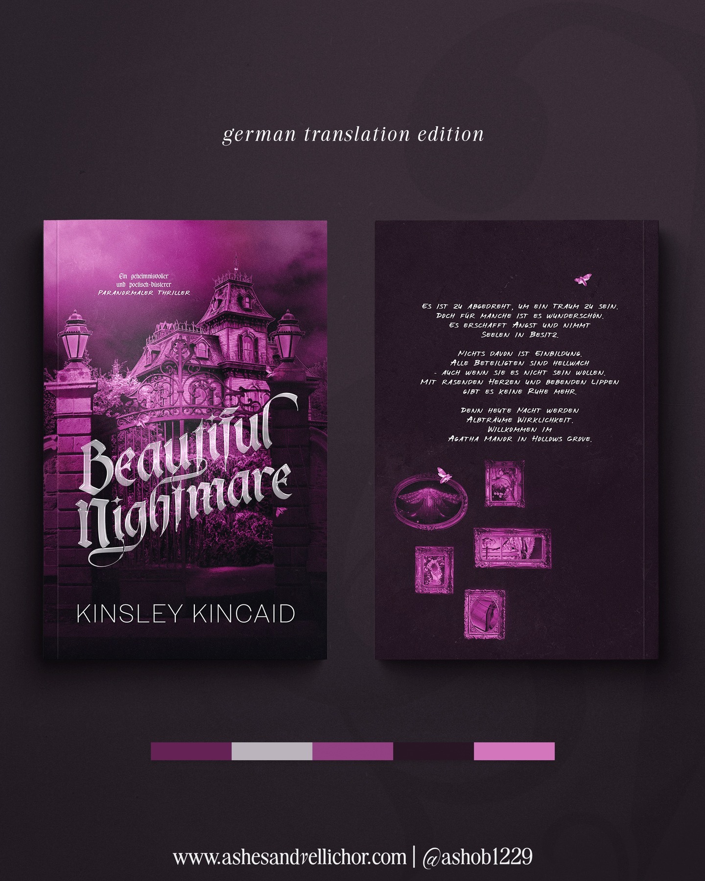 This is a design I have been so excited to share! The German Edition of Beautiful Nightmare by @authorkinsleykincaid .
I love every aspect of this design from the colors, to the typography and effect, the imagery and perspective. Sigh, I would immediately pick this book up regardless of language, it’s just that striking. If I absolutely had to choose an aspect that was my favorite it might have to be the glassy title and the way the light hits it juuuust right.
#Ashesandvellichor #ashesandvellichordesigns #bookcoverdesigns #freelancedesigner #adobephotoshop #graphicdesigner #bookdesigner #Typography #romanceauthors #gothicromance
