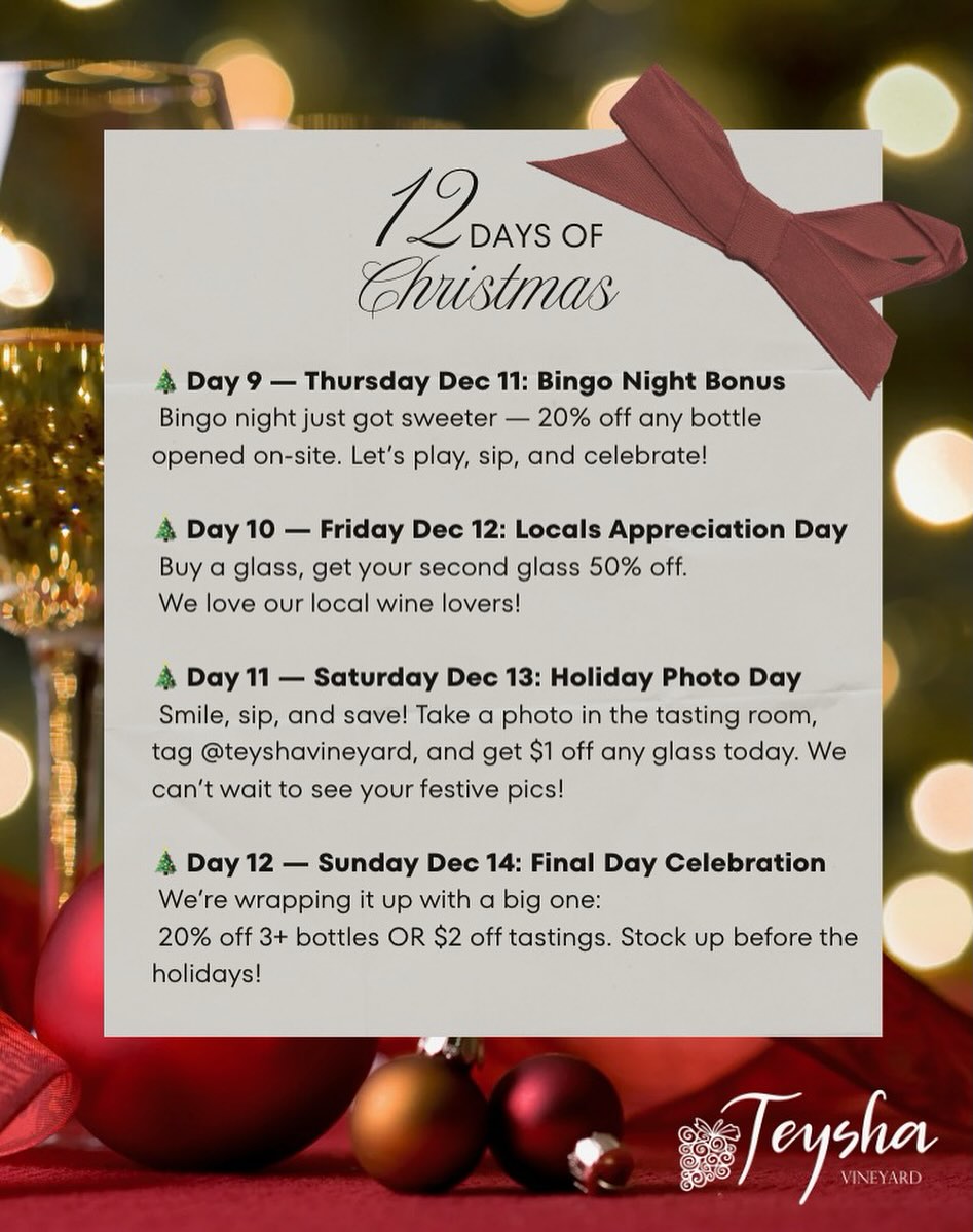 It’s our last open weekend of 2025! Be sure to stop by and see us for our last #12daysofchristmas🎄 specials and pick up your favorite #texaswine for upcoming holiday celebrations 🍷