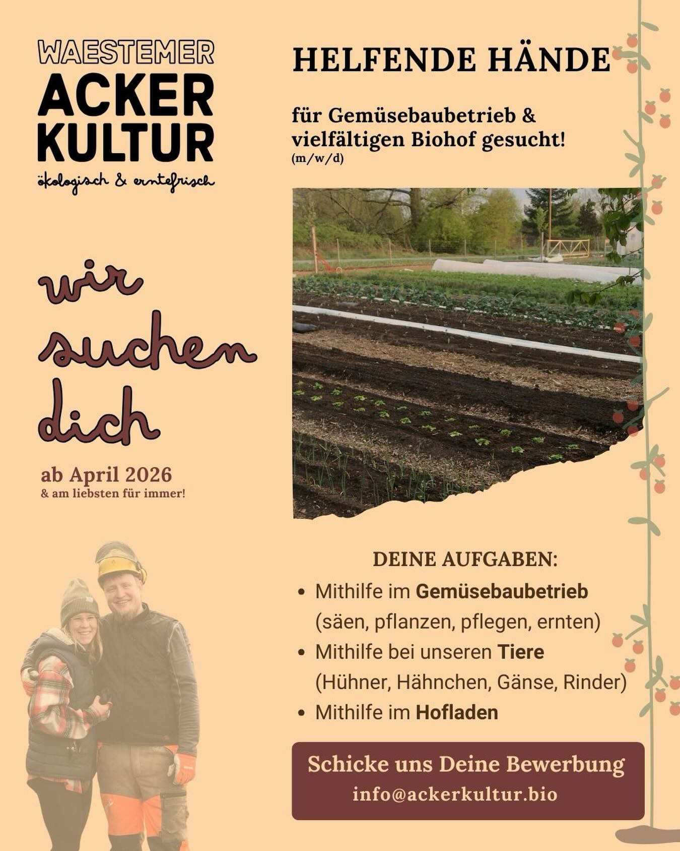 Helfende Hände (m/w/d) gesucht!
Wen wir suchen:
Du weißt genau, dass Landwirtschaft viel zu oft romantisiert wird - dabei ist Landwirtschaft eine echte Berufung und harte Arbeit, die echtes Durchhaltevermögen und ein Gespür für komplexe, natürliche Zusammenhänge erfordert. Tiergerechte Nutztierhaltung gehört für Dich zum Kreislauf auf einem Bio-Bauernhof dazu.
TROTZDEM kannst Du dir kaum etwas Schöneres vorstellen, als mit Kraft, klarem Kopf und viel Herz draußen in der Natur zu arbeiten, die Jahreszeiten zu erleben, die Region zu spüren und dabei hochwertige, nachhaltig erzeugte Bio-Lebensmittel zu schaffen.
Was wir Dir bieten:
- spannendes, super vielseitiges Arbeitsumfeld
- kleiner, vielfältiger Biohof mit vielen Möglichkeiten zum Lernen, Wachsen und Gestalten
- feste Arbeitszeiten, die Du mitbestimmen kannst
- faire Bezahlung
Teilweise Verpflegung und Unterkunft von und bei uns ist möglich. Sprich uns an.
Standort: 36452 Kaltennordheim- OT Kaltenwestheim
Du hast Interesse? Dann schreibe uns Deine Bewerbung an info@ackerkultur.bio