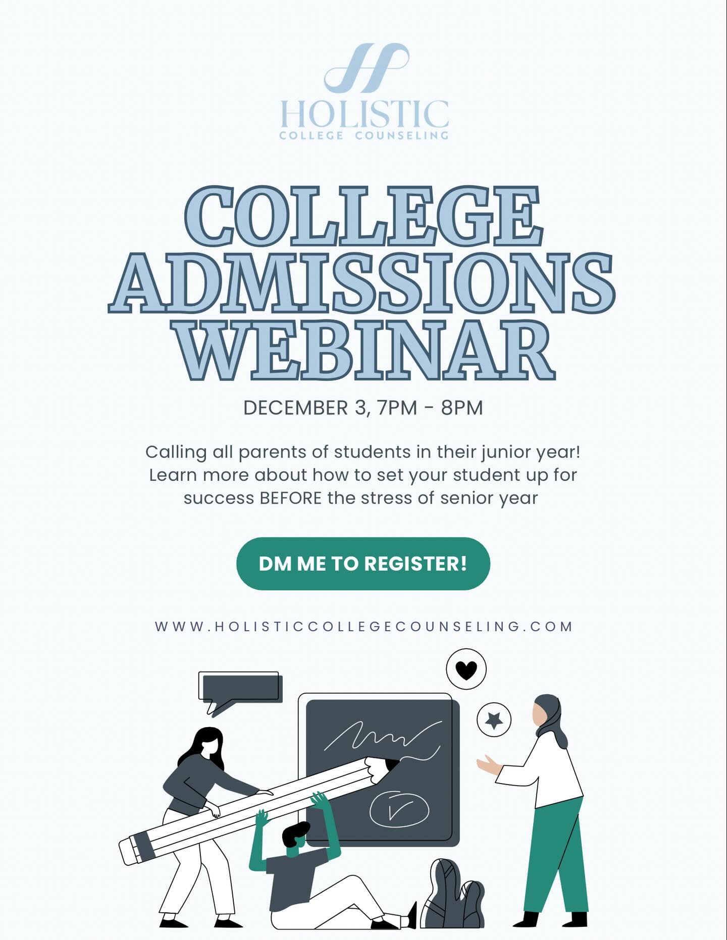 Class of 2027, it’s time to get ready for your own college search! Join me and other junior parents to get expert insights into the admissions process and have all your questions answered.