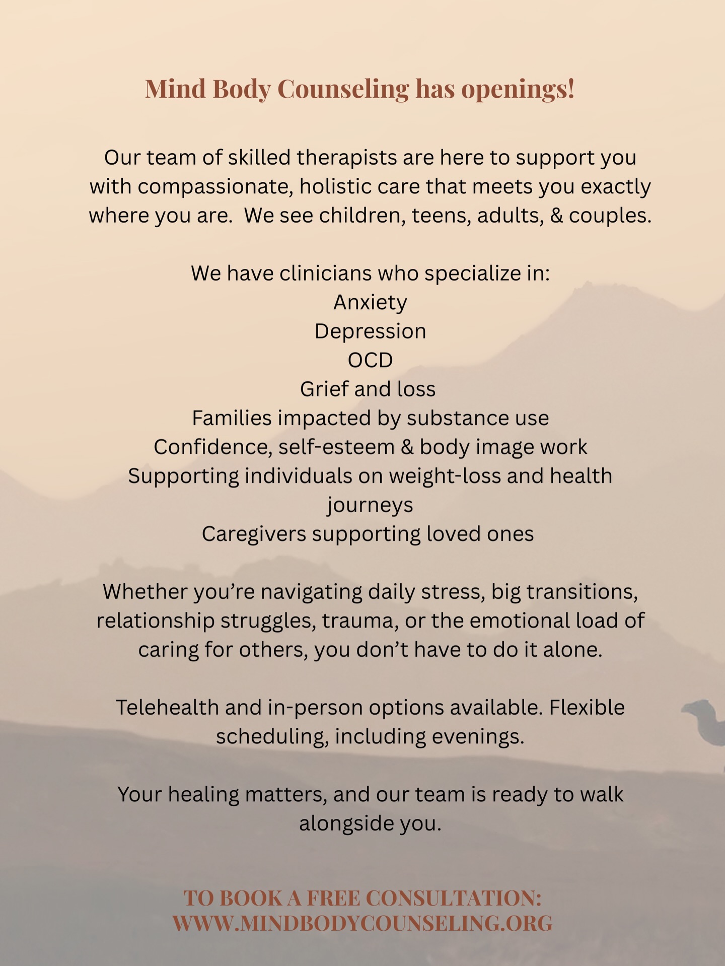 The holidays can be a tough time for many.
Whether you’re navigating big emotions or just feeling “a little off,” we’re here to help provide support, grounding, and a safe place to talk.
We are currently accepting new clients and offers insurance options with:
Aetna
NYSHIP
Carelon Behavioral Health
United Healthcare
Oxford
Northwell Direct
#sayvillechamber
#TherapyOpenings
#NowAcceptingClients
#TherapyAvailability
#sayvillestrides
#MentalHealthSupport
#BeginTherapy
#SupportIsHere
#MindBodyCounseling