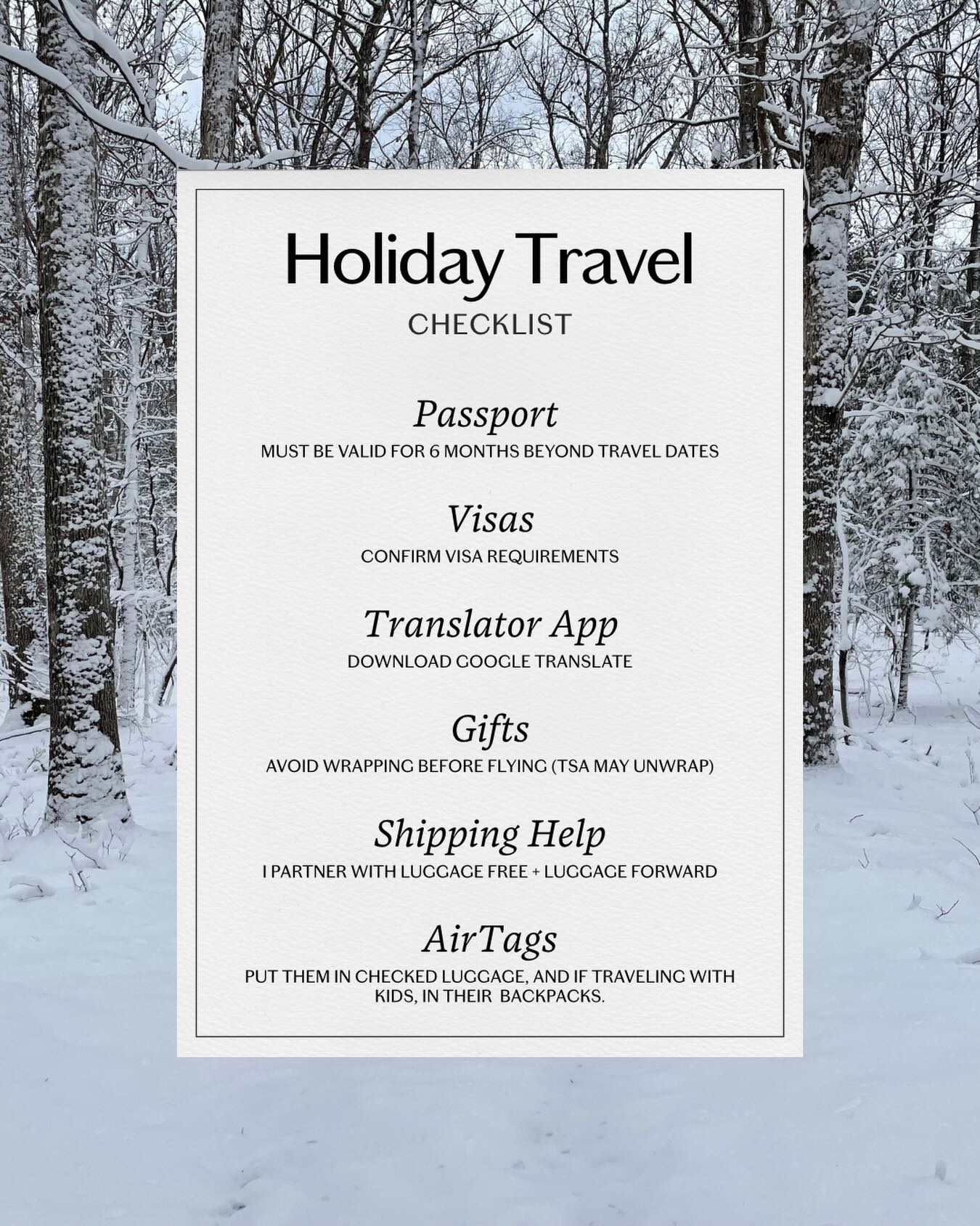 As your trusty travel advisor here’s a quick checklist as you prepare for your holiday travel. #holidaytravel #traveladvisor #packinghacks #stressfreetravel #vacationmode #traveltips #holidaychecklist #foraadvisor