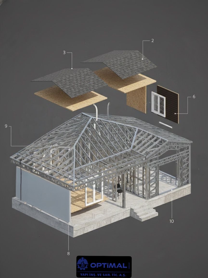 Optimal group olarak diyarbakırda müşterimizin isteği üzerine projemizde kullandığımız bazı malzemeler
9:Soğuk şekillendirilmiş hafif çelik
-Dış duvar; 140 mm genişlik 1,20 mm kalınlığında
-İç duvar ; 90 mm genişlik 1,20 mm kalınlığında
-Makas ; 90 mm genişlik 1,20 mm kalınlığında
-Çatı paneli; 90 mm genişlik 1,00 mm kalınlığında
2:Kiremit desenli sac
3:Suya dayanıklı Osb
-Su geçirmez nem bariyeri
-Çatı arası izocam
Detaylı bilgi ve iletişim;
📱 0505 456 5912
📞 0342 502 8324
🌐 www.optimalgroup.com.tr