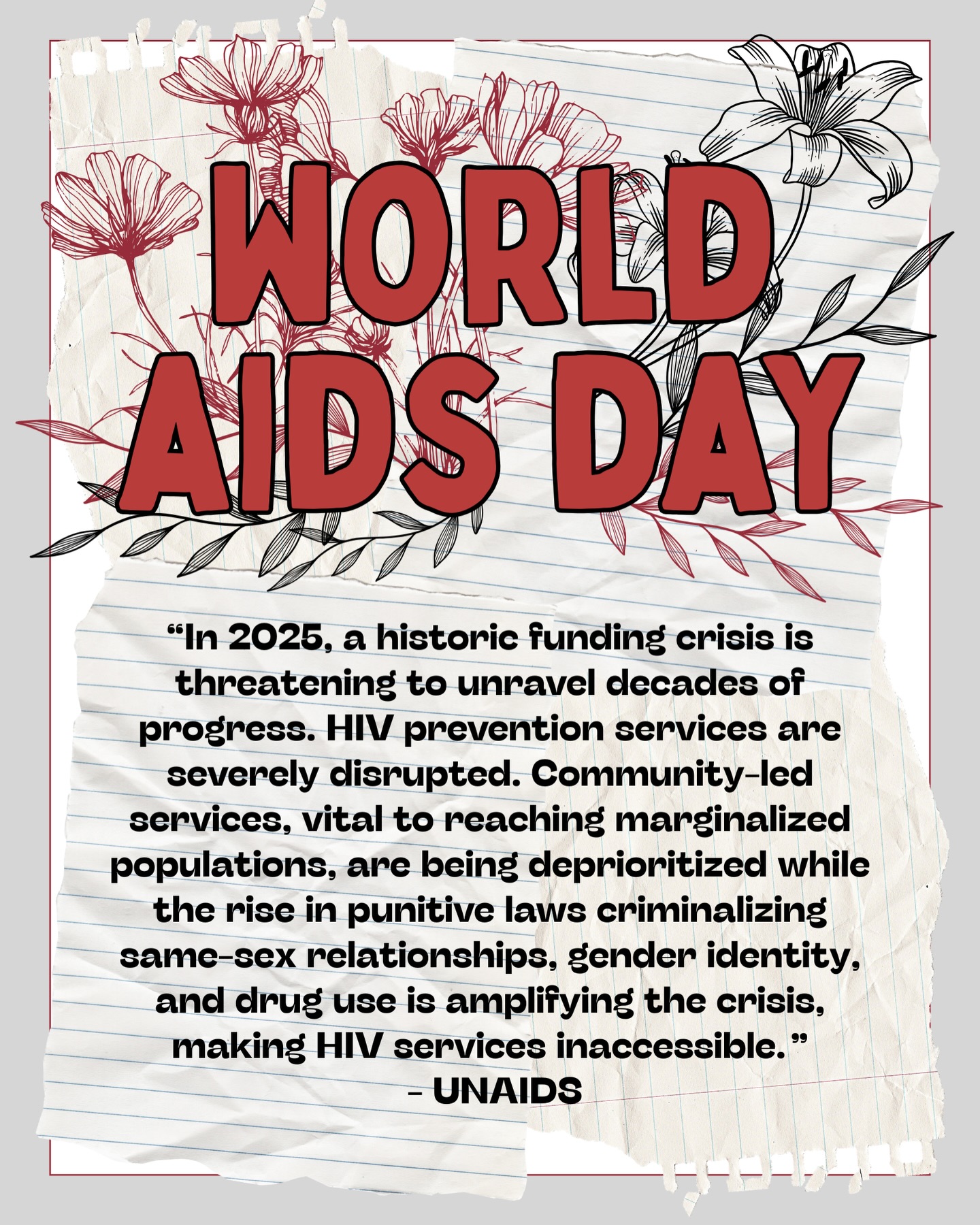 In 2024, an estimated 40.8 million people worldwide are living with HIV. Tragically, about 630,000 people lost their lives to HIV-related causes, and 1.3 million people acquired HIV this year.
Prevention programs are being cut, people are criminalized simply for who they are, and entire communities are losing access to the care they need. Stigma and discrimination continue to block progress, isolating individuals and creating barriers to testing, treatment, and support. With governments stepping back, community-led efforts are carrying the heaviest weight.
This World AIDS Day, we grieve the many people we have lost and honor them by demanding care that is comprehensive, inclusive, and accessible to all. The policy choices made in Florida and across the world have dire consequences for our communities.
Support the groups on the front lines and get tested to protect yourself and others.
Navigator: HIV.gov
@ahfsouth
@bigbendcares
@accesshealthplus
@cancommunityhealth