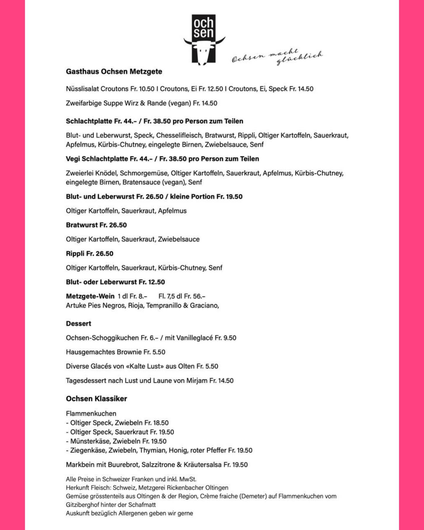 METZGETE bis und mit dem 21. Dezember 2025 Metzgete im Ochsen. Reservieren hilft, wir sind schon ziemlich gut gebucht. Sämtliche Produkte aus dem Dorf. PREMIERE, für all jene, die mit dieser Sauerei nichts anfangen können bieten wir neu eine vegetarische"Metzgete" im Silberpfännli an! Lasst euch überraschen. Ab aufs Land, ab in den 🐂, der macht glücklich. #ochsenoltingen #ochsenmachtglücklich #metzgete