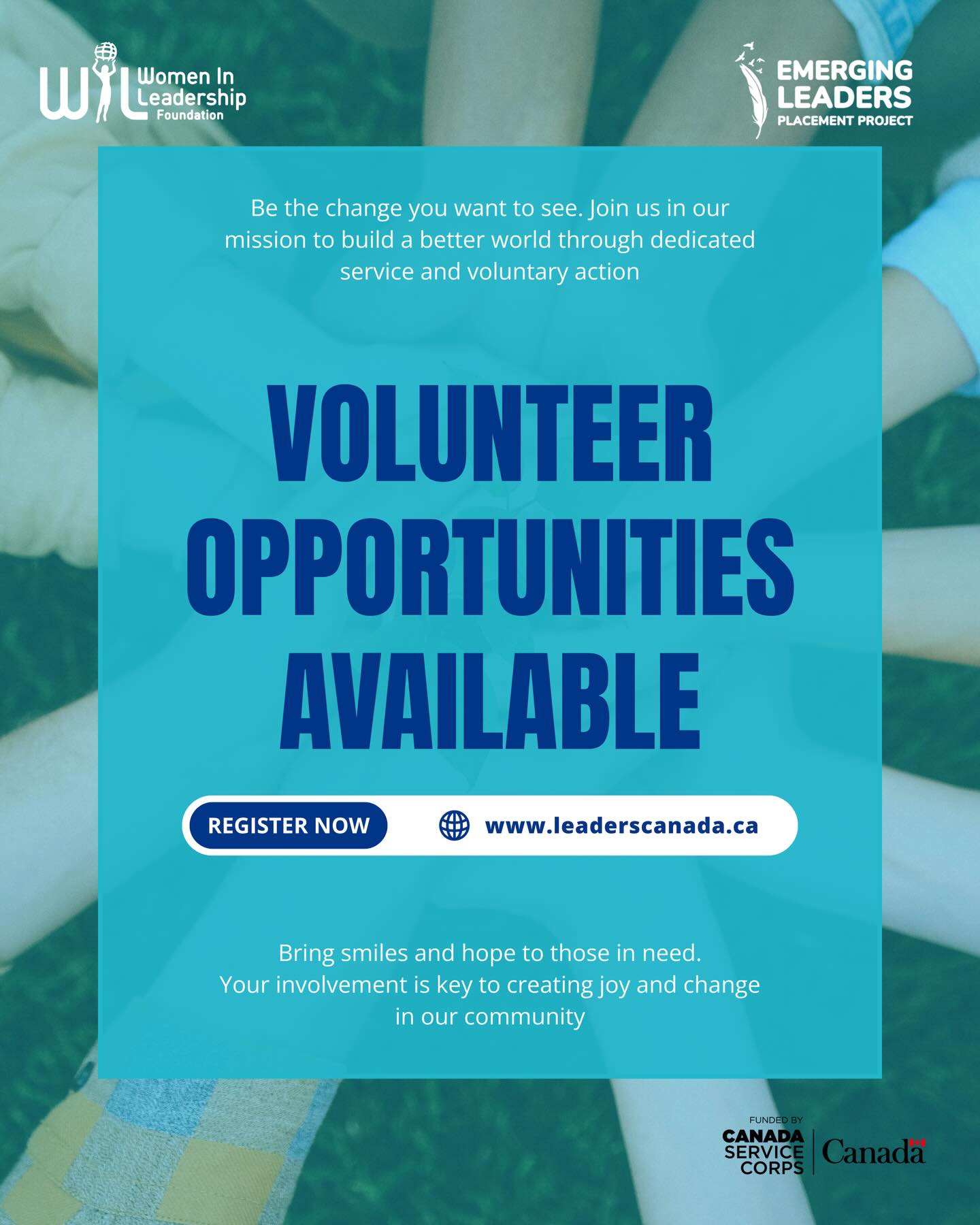 Discover Meaningful Volunteer Opportunities 🌟
Your time and compassion can bring smiles, hope, and real change to those who need it most. When you volunteer, you become a spark of joy in someone’s day and a force for good in your community.
If you’re ready to make an impact, this is your moment. Be the change you want to see — join us in building a kinder, stronger, more connected world through dedicated service.
📧 Reach out to us at leaders.wil@gmail.com to get involved
🔗 Learn more at www.leaderscanada.ca
Proudly funded by Canada Service Corps
#CanadaServiceCorps #LeadersToday #YouthInCanada #EmergingLeaders #YouthLeadership #CommunityImpact #VolunteerOpportunities #LeadershipDevelopment #InclusiveLeadership #FutureReady