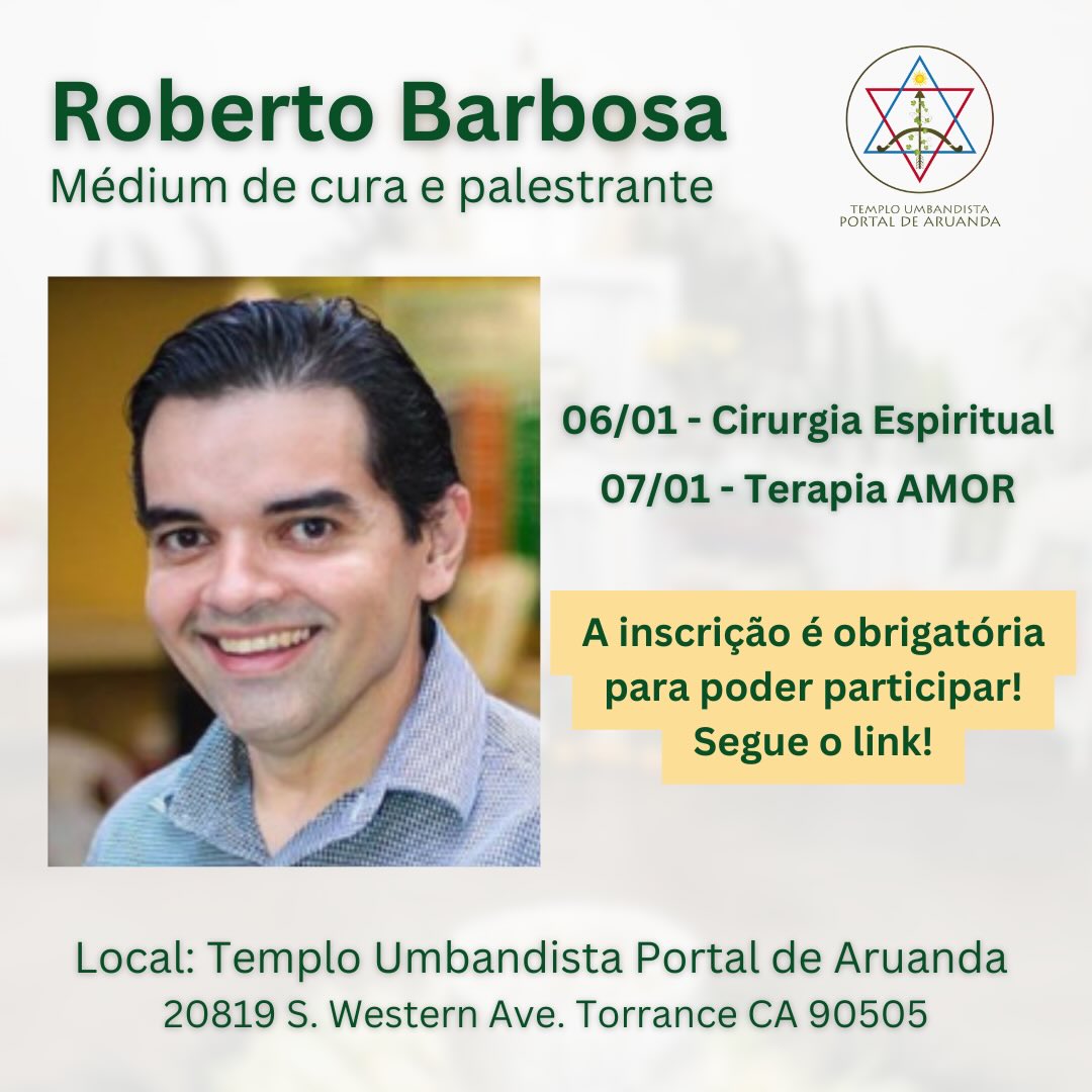 Olá querida comunidade! É com muita alegria que anunciamos que o médium Roberto Barbosa estará retornando com seu trabalho com Dr. Fritz no templo nos dias 6 e 7 de Janeiro de 2026. O link com os detalhes e inscrições está disponível no nosso perfil e nos stories. A informação está disponível em Português e inglês. Pedimos pra leem com cuidado e atenção. Muito obrigado! 🙏🏽✨
Hello dear community! It is with joy that we announce that the medium Roberto Barbosa will be returning to the temple with his work with Dr. Fritz in n January 6 and 7 of 2026. The link with details and sign up is available in our bio on our main page and in our stories. All the information is available in both Portuguese and English. We ask to please read with care and attention. Thank you!
@institutofritzoficial
@robertobarbosafilho