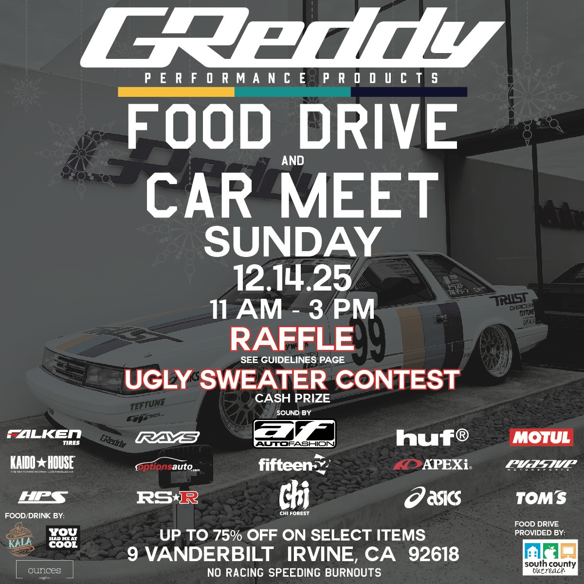 @greddyperformance annual food drive is happening on the 14th! Come on through to support a good cause for this upcoming holiday season. Every year gets bigger and bigger! Donate some food items, get some raffle tickets and enjoy an amazing day full of dope cars and amazing people!
For more details about what food items to bring, please see the 2nd pic. Raffle info is on the 3rd pic! See you all there!