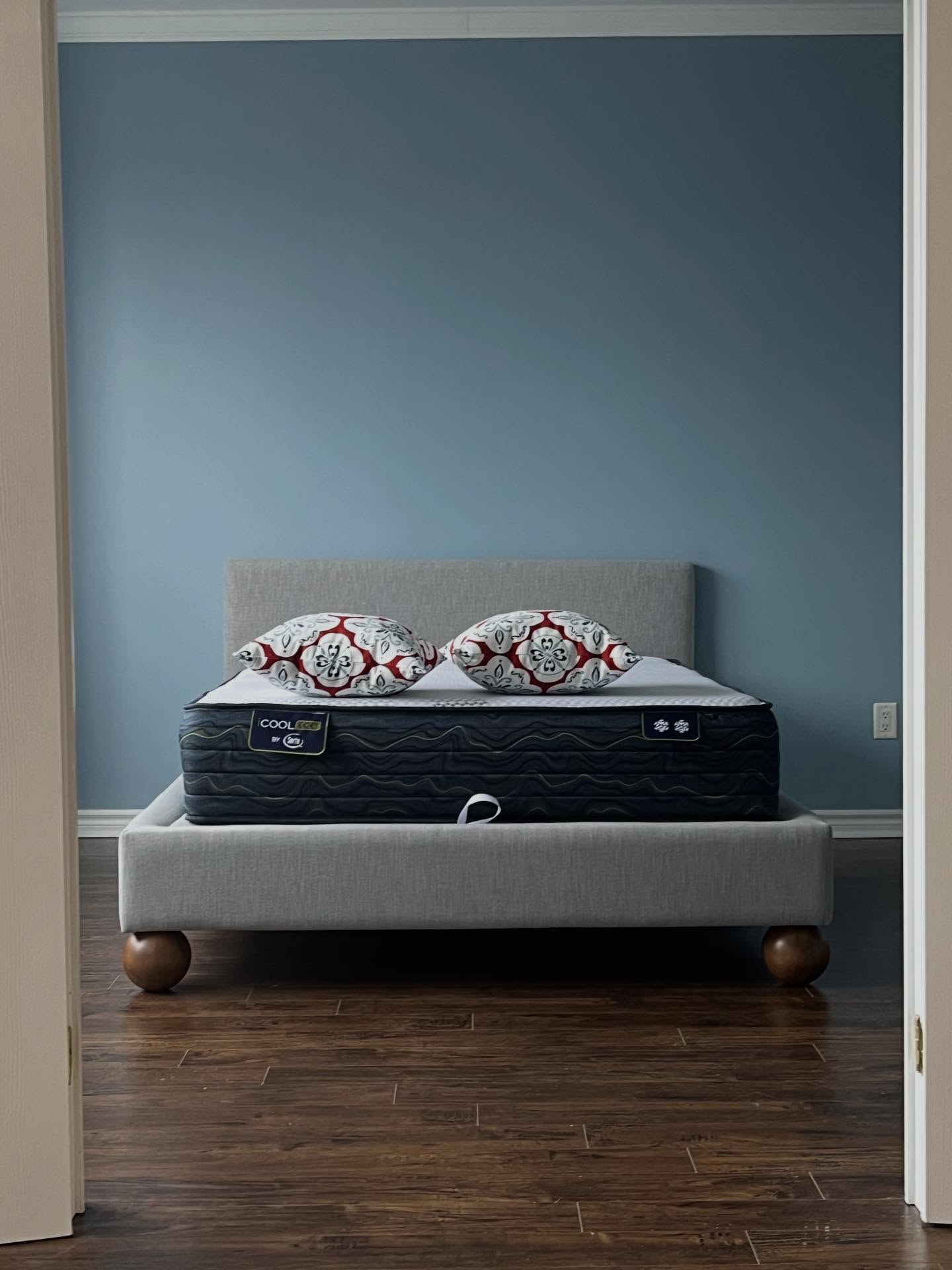 Bed delivered - now the room is ready to be finished. Love the @benjaminmoore paint colour I selected for my client.