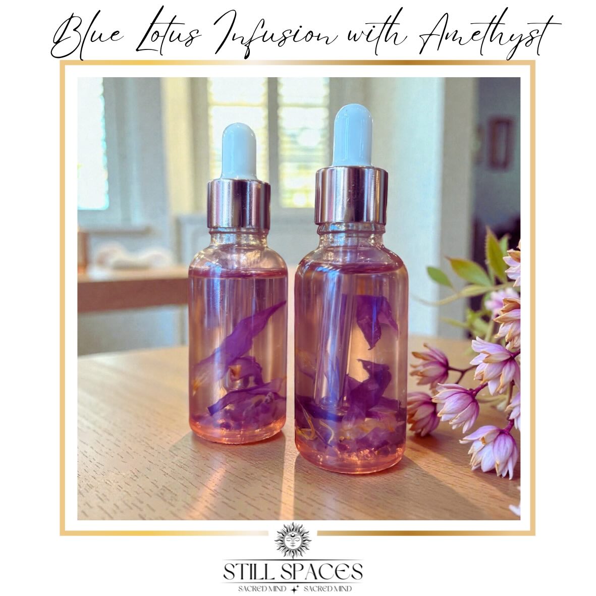 Blue Lotus Infusion with Amethyst
This exquisite infusion blends blue lotus with amethyst, infused over four months as the seasons shift from sunny autumn into the stillness of winter. Energised by four new moons and four full moons, it carries the gentle, luminous energy of autumn sunlight moving into winter, embodied with the healing energy of the moon.
100% pure and natural: no additives, preservatives, or synthetic fragrances.
Subtle aroma: the tiniest whisper of scent from the infused flowers, preserving the delicate essence of the botanicals.
Deep nourishment: rich in natural oils and antioxidants that support moisture retention and skin barrier health.
Gentle hydration: lightweight and non-greasy feel, suitable for daily use on face and body.
Calming aroma: the faint floral scent can promote a serene skincare ritual.
Anti-inflammatory support: blue lotus is traditionally associated with soothing sensitivity and redness.
Anti-oxidant protection: helps guard skin against environmental stressors and free radicals.
May support radiant tone: the mineral and cellular benefits can contribute to a healthy, luminous complexion.
Versatile application: absorbs well, suitable for facial serums, moisturisers, or massage oils.
Uses on Pressure Points and Chakra Activation
Chakra balancing: apply a small amount to pulse points (wrists, temples, behind the ears) to support grounding and present-moment awareness.
Fragrance-free focus for meditation: use on wrists or the back of the neck to create a subtle, grounding aura during practice.
Chakra activation helper: the infusion can complement intention-setting for chakra work, particularly for root and crown balance when paired with breathing or visualisation.
Amethyst: Healing Properties and Synergy
Amethyst energy: traditionally believed to promote calm, spiritual insight, and emotional balance. It’s associated with the third eye and crown chakras, supporting intuition and serenity. On sale now #stillspaces_ #bluelotus #shoplocal
