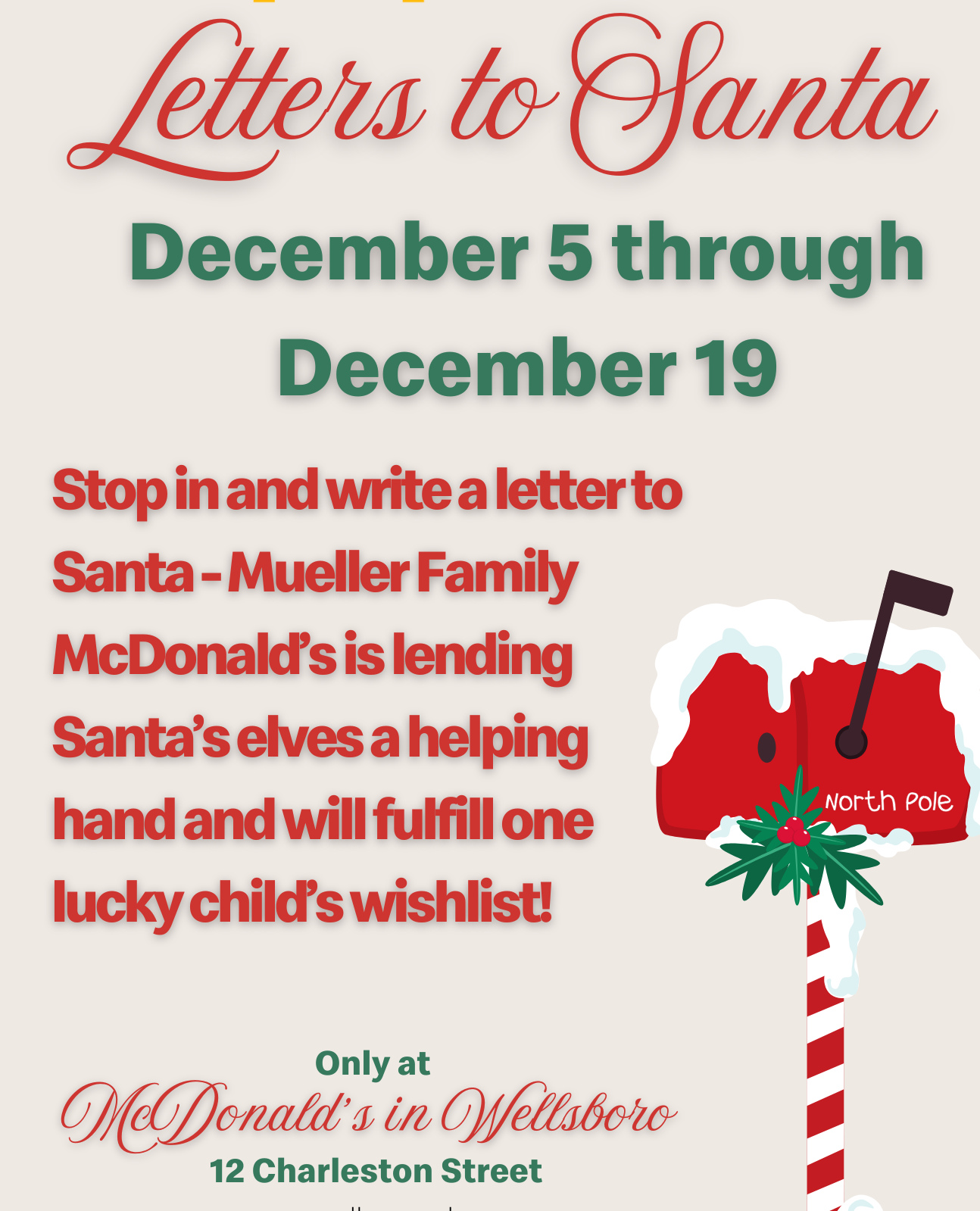 ✨️Only at McDonald's in Wellsboro! ✨️
Visit our restaurant located @ 12 Charleston Street to write a letter to Santa! 🎅🏻💌