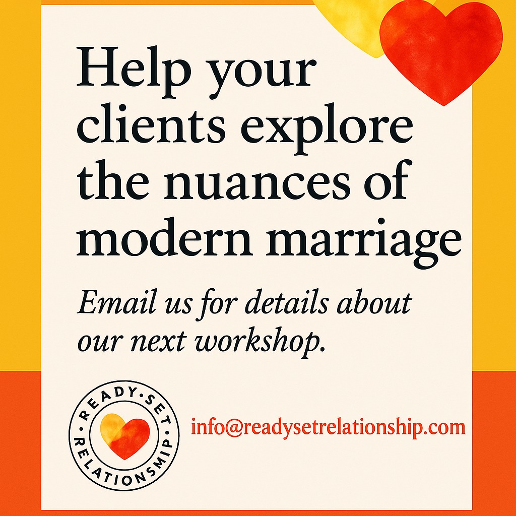 Every couple brings their own story, history, and hope into therapy. 💬 Our next workshop helps therapists explore the nuances of modern marriage—where individual fulfillment and partnership coexist in new and evolving ways.
Learn how to meet today’s couples where they are with curiosity, confidence, and compassion.
📧 Email info@readysetrelationship.com for details.
#MarriageCounseling #TherapistWorkshop #ModernRelationships #ContinuingEducation #ReadySetRelationship