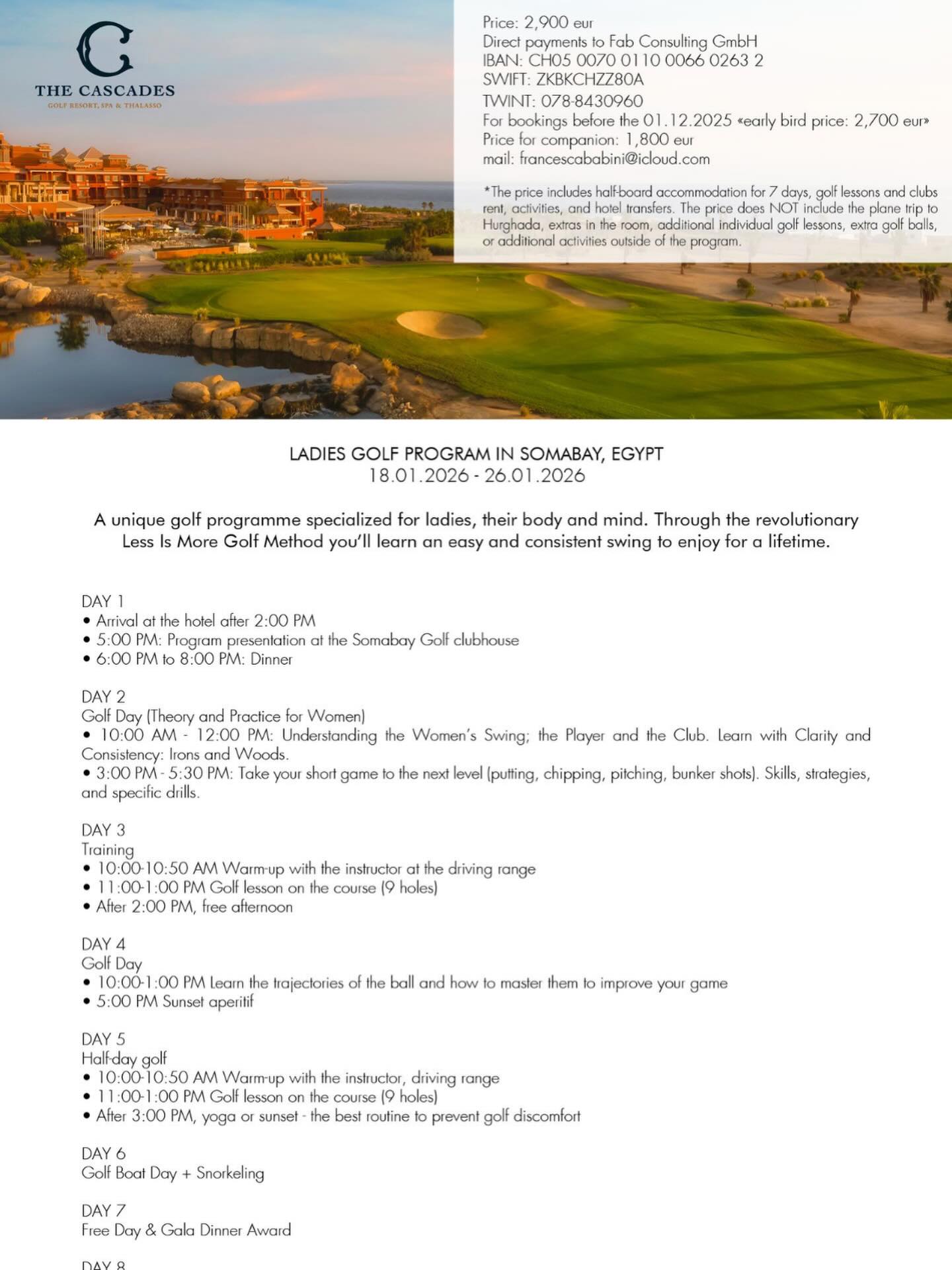 Are you ready??? Join us in @somabayredsea and discover @somabaygolfofficial in our Ladies Golf Clinic Trip from 18.01 - 26.01.2026. Our Golf Ambassador Chiara Cantone @physiogolfmarbella will show you all the secrets to increase your golf Style at any Levels … also for Beginners!
DM In Private Message to get more informations! #golf #golfers #golfing #golfs #golfaddict #golfgti #golfclub #golfishard #redsea #marrosso #egitto #egypt #somabay @ehabalymohammed