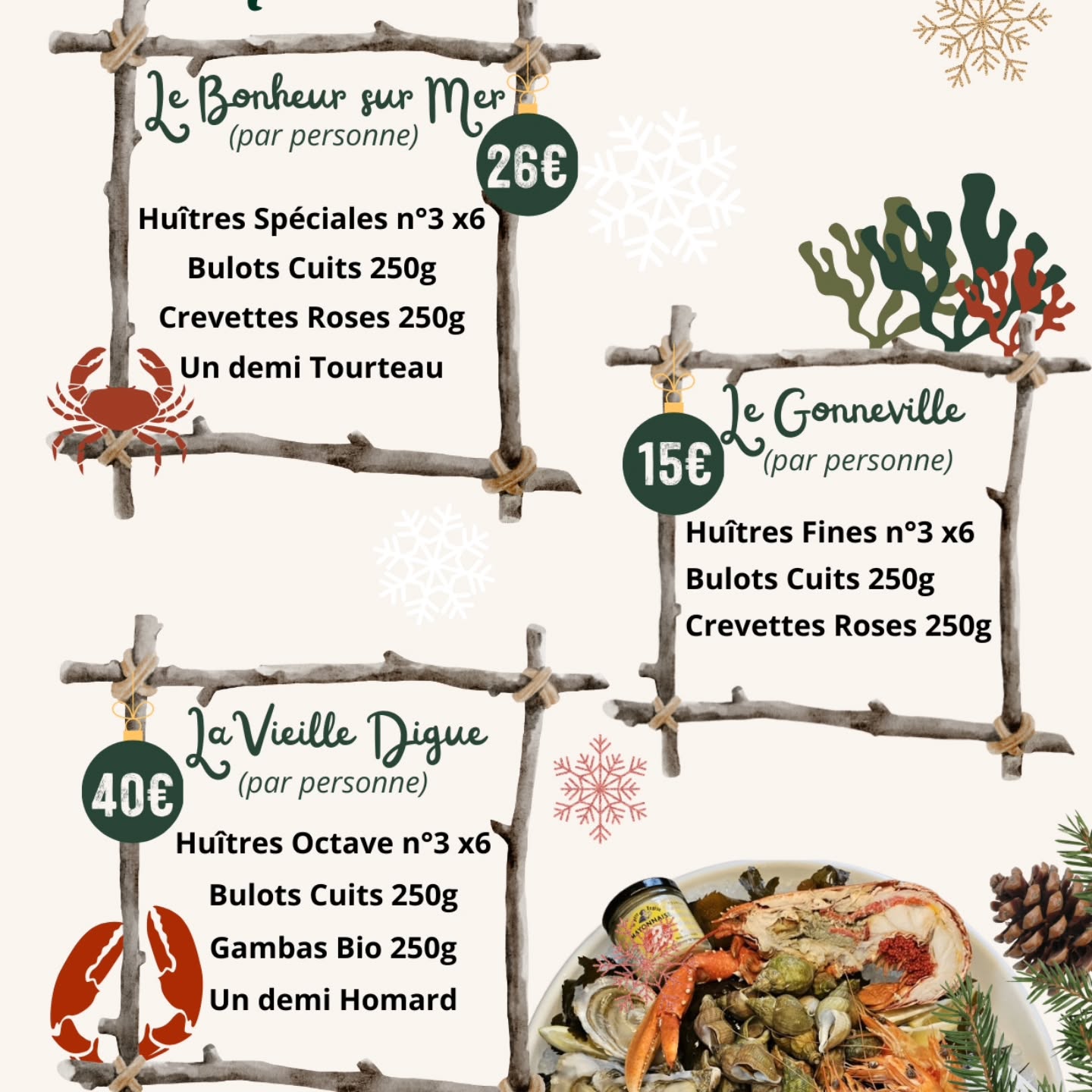 🎉 Bonne nouvelle !
Nous avons enfin déterminé les prix de nos plateaux, ainsi que de nos huîtres, coquillages et crustacés 🦪🦞🦀
Les fêtes approchent… n’attendez plus !
👉 Passez vos commandes dès maintenant pour être sûrs de régaler vos convives.
📞 Contactez-nous ou envoyez-nous un message pour réserver votre plateau festif