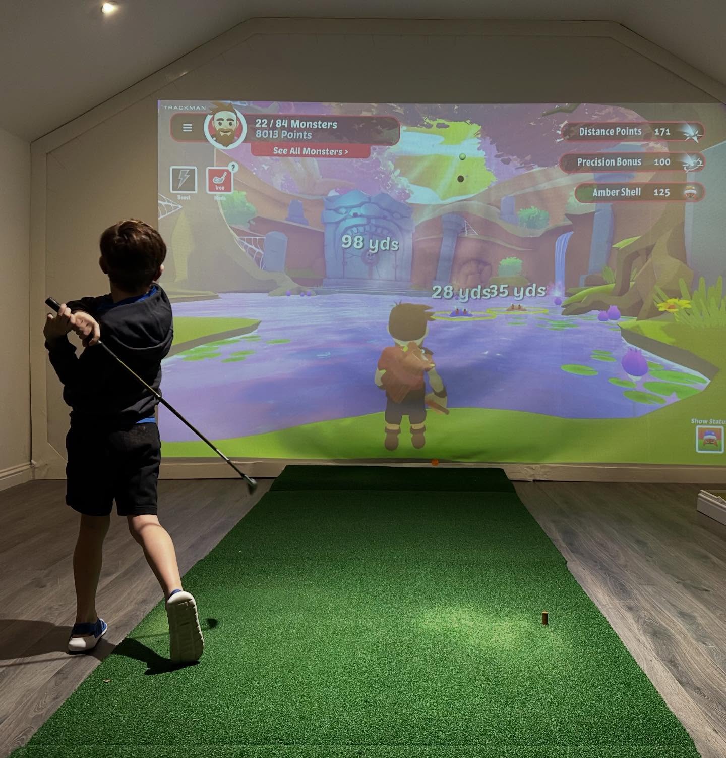 Never seen my son so engaged with golf as when playing hit the monsters on @trackmangolf, which had such an extensive range of games to play for all abilities and ages. We played alternate shot. Foursomes has a whole new meaning when it involves slaying dragons and giant crabs #juniorgolf #trackmangolf #trackmangolflesson #surreygolf