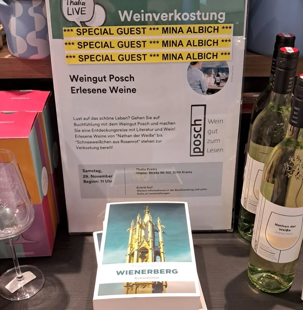 Very last minute 🤩:
Samstag, 29.11. ab 11 Uhr in Krems bei @thalia_buchhandlungen_at
Weinverkostung von @posch_wein_gut_zum_lesen
- Und ich darf als Special Guest kommen! - In "Wienerberg" hab ich die köstlichen Weine verewigt 🥂📚🥰.
DANKE an alle für die unglaubliche Flexibilität- ich freue mich soooo!
Kommt alle nach Krems und holt euch Weine und Bücher!
@emons_verlag