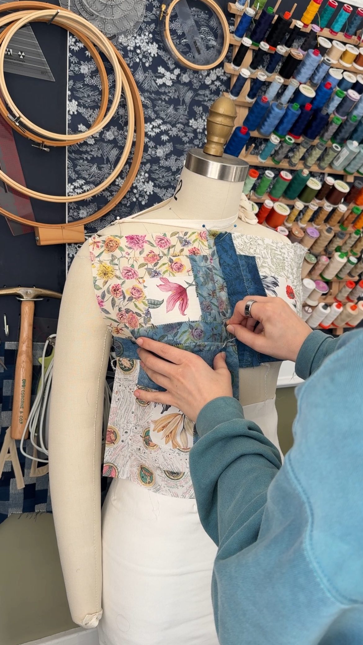 These blocks would make a gorgeous quilt BUT…
1. I don’t have that much more fabric so it would be a very small quilt.
2. I can’t get more fabric (the blue I hand-dyed in an indigo sucrose vat)
3. What would I do with this quilt? I have enough and I’m not selling it or giving it away because the fabric is too special to me.
So all that leads me to using it for something I’ll use, like a top! I was thinking a really simple square shaped top with buttons down the front, but now I’m picturing a collar and sleeves 🤔.
Hum…
#indigodyed #logcabinquilt