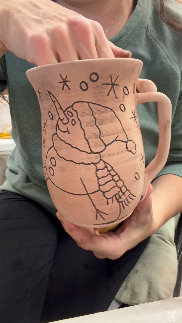 Wiping stain off of this snow person mug, it’s always a fun part of the process. Now for some cheery glazes!
#pottery #appalachianartist #handmademugs #snowperson #ceramicmug