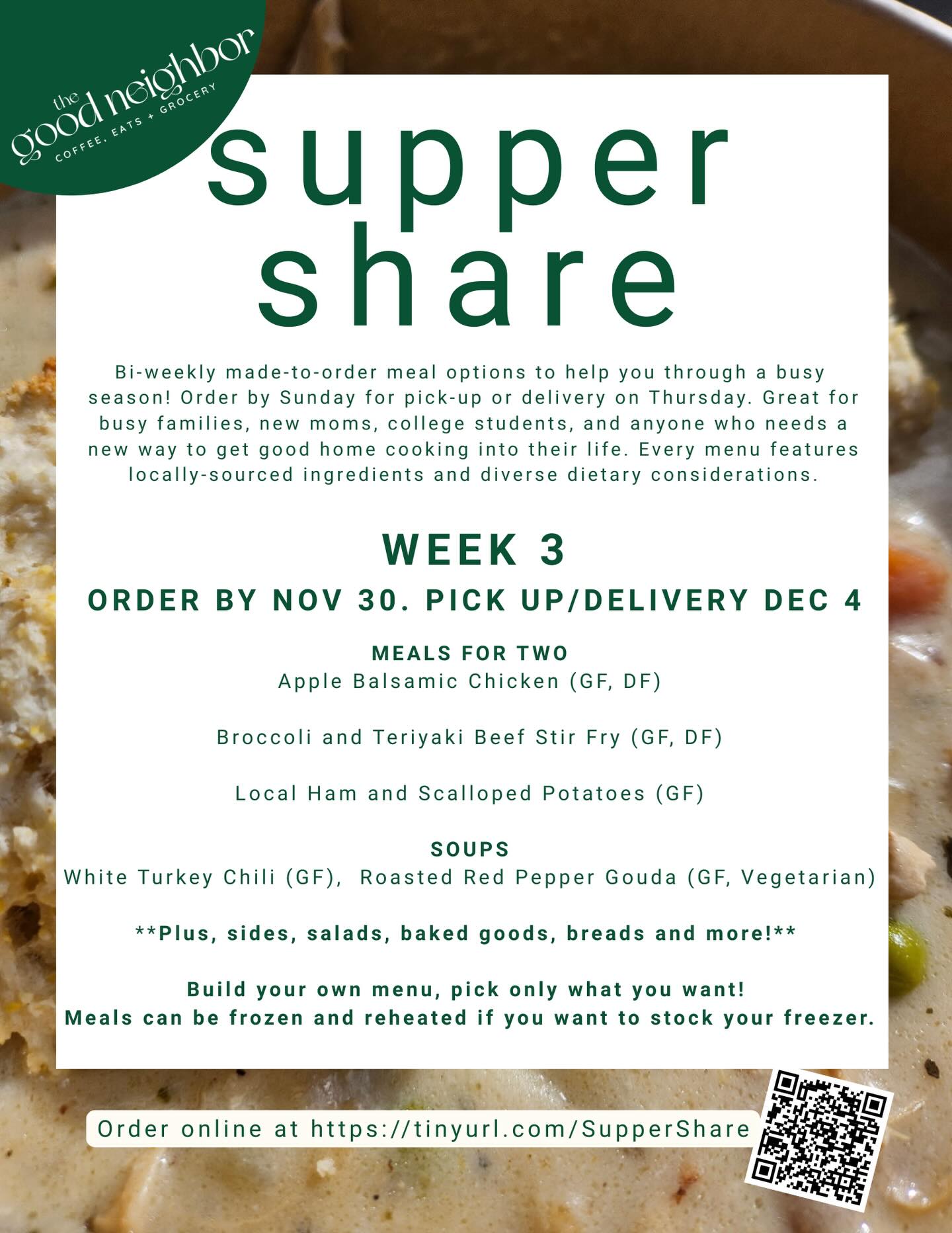It’s time to order Supper Share! Order by 4:00pm on Sunday for pick-up or delivery on Dec 4.
http://tinyurl.com/suppershare