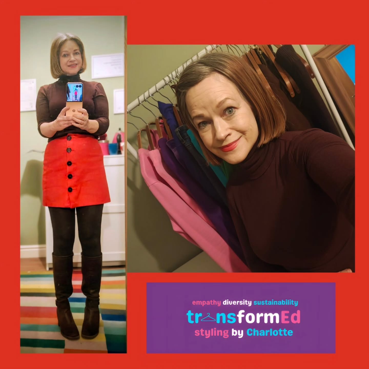 Today, admittedly briefly, I caught myself saying something to myself that I'm always telling others not to think or say. I looked in the mirror at myself in this red mini skirt that I got at the Trans Support Hub Clothes Swap yesterday in York, and caught myself questioning whether at 58 I'm too old to wear a skirt this short. Shame on me, especially as one of my top tips for other swappers was that there's no top age limit on any style! It does like so many things go back to society's expectations, or our perceptions of those expectations. So practise as I preach and not what my inner voice popped in and said. Dress with joy and authenticity. Thanks to the wonderful @transsupporthub for the event and it was a privilege and pleasure to be one of your volunteers.
โค๏ธ
Personal Styling Hull
Colour Analysis Hull
Sustainable Styling