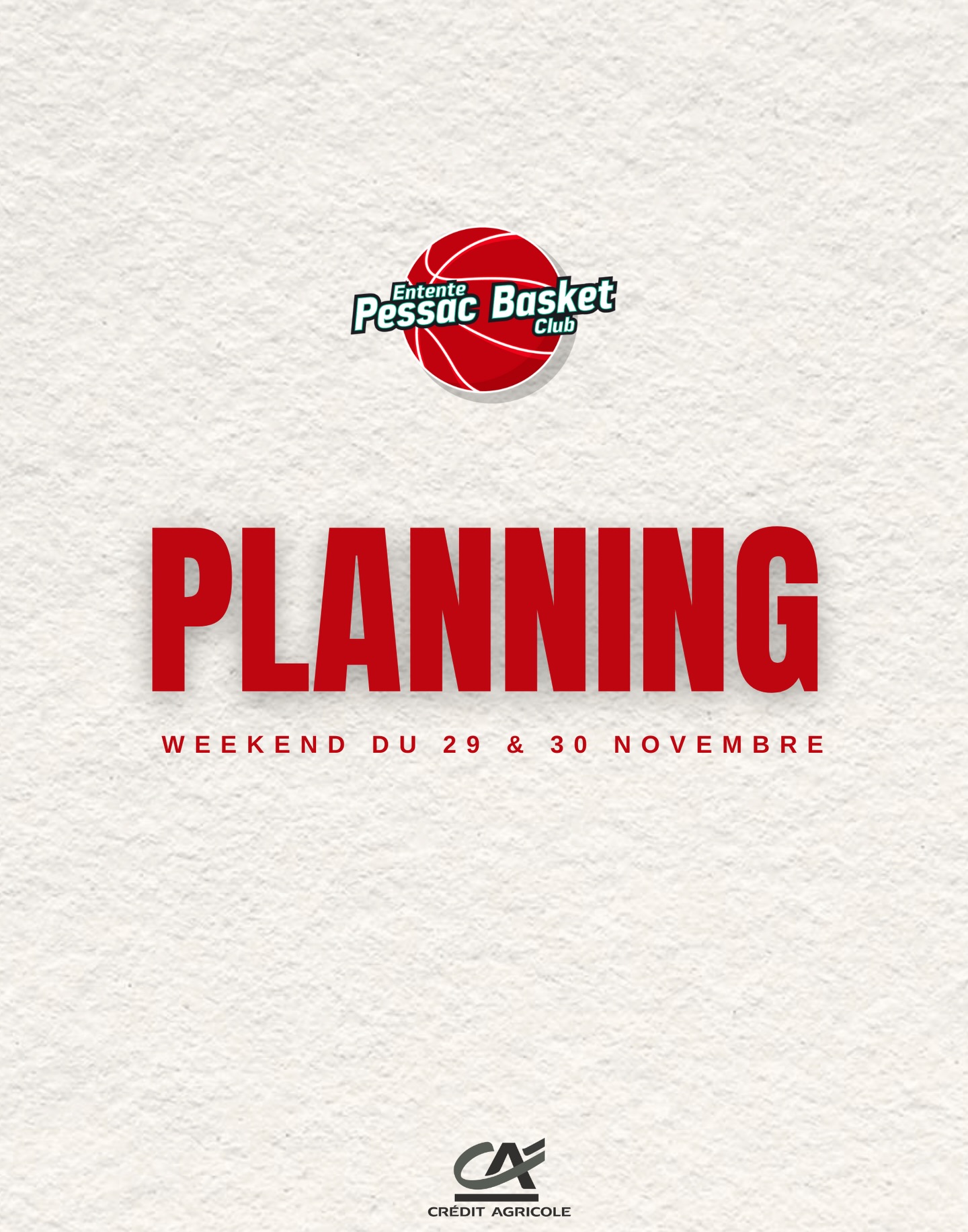 🏀 PLANNING DU WEEKEND 🏀
Le planning du weekend vous est présenté par notre partenaire CRÉDIT AGRICOLE !
🤝🏼 @creditagricole