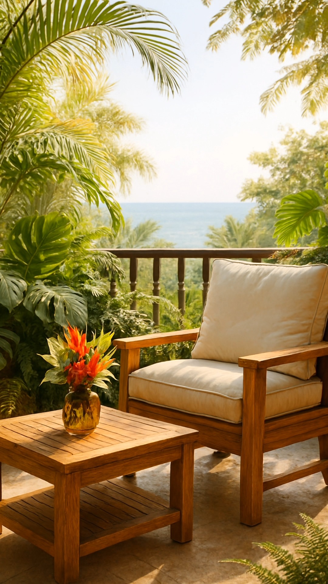 Where golden teak meets ocean breeze — unwind in timeless comfort, surrounded by nature’s calm.
#TeakRetreat #TropicalElegance #BalconyGoals #CraftedForCalm