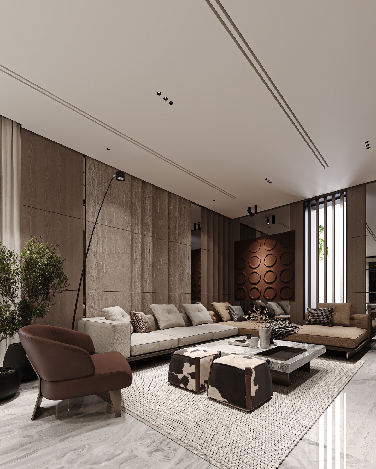 📍 Riyadh, Saudi Arabia
A contemporary salon composed in layers of warmth and quiet luxury.
Soft stone, walnut wall paneling, and a hand tufted textured rug create a calm architectural frame, while the sculpted marble coffee table anchors the space as a piece of functional art.
Linear lighting stretches across the ceiling, enhancing scale and guiding the perspective toward the dining area beyond.
Tailored seating in taupe and espresso leather, cowhide stools, and deep bronze accents introduce a refined hospitality mood balancing comfort, purpose, and gallery-level elegance.
Mature greenery softens the geometry and merges interior and exterior, celebrating the serene lifestyle of modern Saudi homes.
✨🤎🕯️
#Riyadh #SaudiArabia #LuxuryDesign #InteriorDesign #ContemporaryInteriors ModernMajlis LuxuryLiving ArchitecturalDesign MarbleDetails WarmNeutrals TimelessLuxury MaroonArchitects