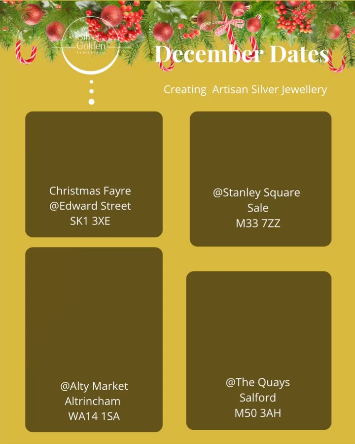 🎄✨ December is here, and Silver by Golden is popping up all month long! ✨🎄
Another busy festive season means plenty of chances to shop your Christmas gifts in person — come find unique, handcrafted pieces at our upcoming markets:
📍 Stockport Town Hall
📍 AltyMarket, Altrincham
📍 Stanley Square, Sale
📍 Media City, The Quays, Salford
Come along, say hi, and pick up something special for someone you love (or treat yourself — we won’t tell 😉).
Can’t wait to see you there! ✨🛍️
#SilverByGolden #ChristmasMarkets #ShopSmall #HandmadeJewellery #FestiveFinds#stockporttownhall #stockportevents #altymarket #salenightmarket #makersmarket