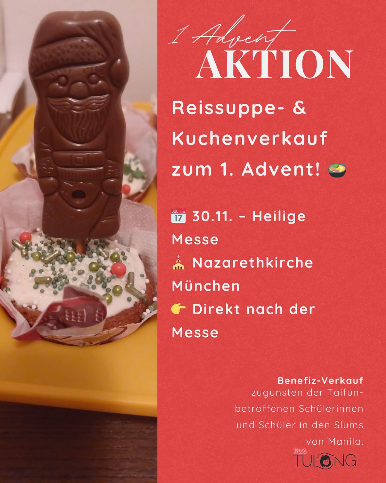 Wie jedes Jahr findet auch heuer unser Benefizverkauf statt – inzwischen fast schon eine schöne Tradition, auf die wir uns immer besonders freuen.
Pfarrer Schießler und Pfarrer Shin zelebrieren die Heilige Messe, und im Anschluss veranstalten wir den Verkauf zugunsten der Taifun-betroffenen Schüler*innen in den Slums von Manila.
Freut euch auf:
🍲 Warme Reissuppe
🍰 Hausgemachten Kuchen
⭐ Leckere Zimtsterne von der Konditorei Neidlinger
✨ Schöne philippinische Handicrafts
Kommt vorbei, unterstützt und teilt Wärme, Hoffnung und Nächstenliebe! 💛
#ErsterAdvent #Charity #München #Nazarethkirche #Philippines #Fundraising #Tradition #Handicraft #PfarrerSchießler #Reissuppe #Kuchenverkauf #Zimtsterne #KonditoreiNeidlinger #Solidarity #helpmanila
