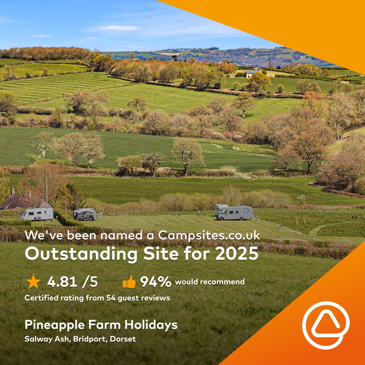 How lovely to be chosen as a 'campsites.co.uk outstanding site' this year. Thank you so much to all of you who left us a great review after your stay - it all adds up to these little moments of recognition. We can't wait to get going again for another season and look forward to seeing you all in the spring