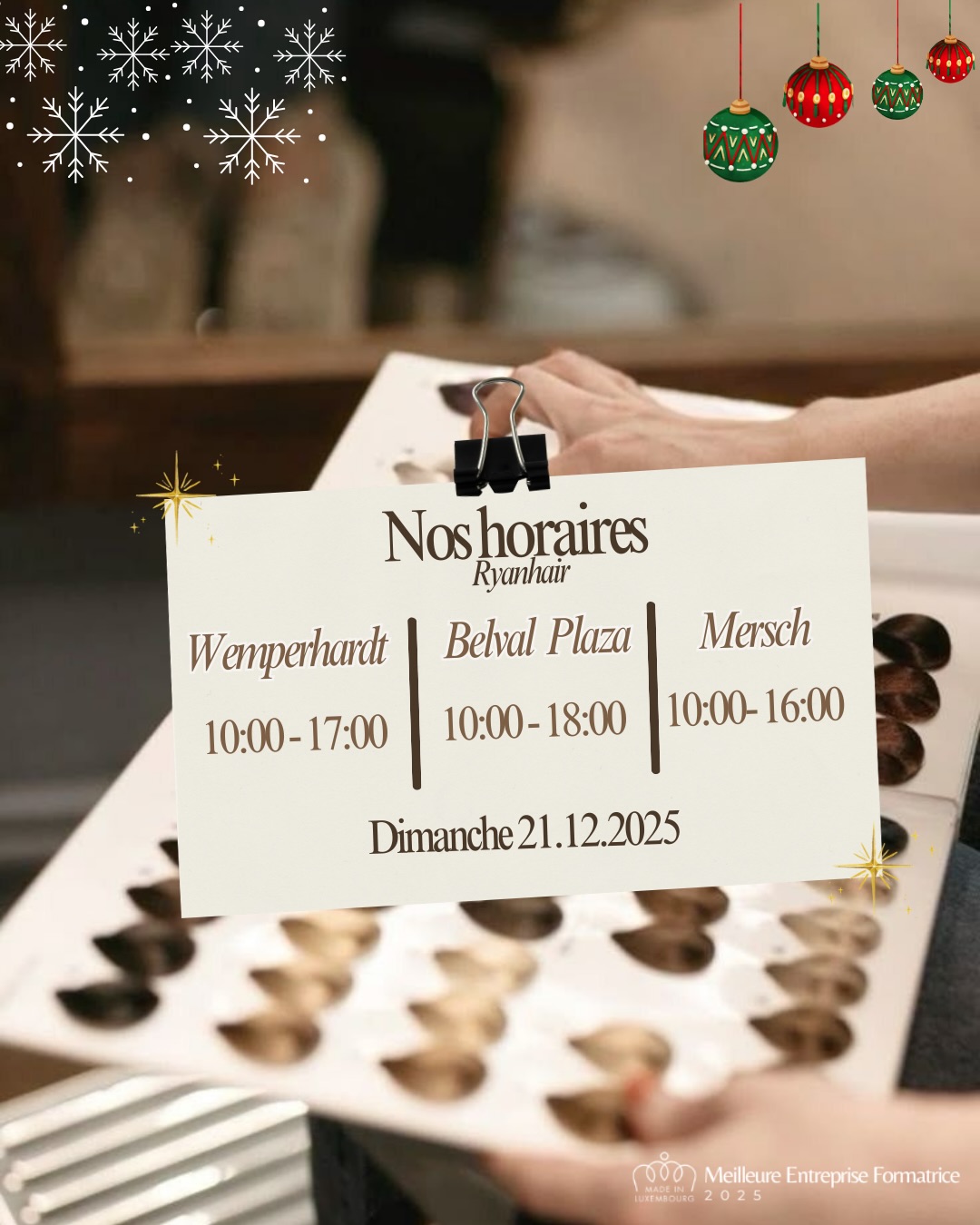 🎄✨ Prêtes à rayonner pour Noël ? ✨🎄
Bonne nouvelle : nos horaires changent pour les fêtes !🥹✨
Assure-toi un nouveau look pour démarrer l’année en beauté réserve dès aujourd’hui ✨
#luxembourg #balayage #merrychristmas #coiffure #coupe #barber