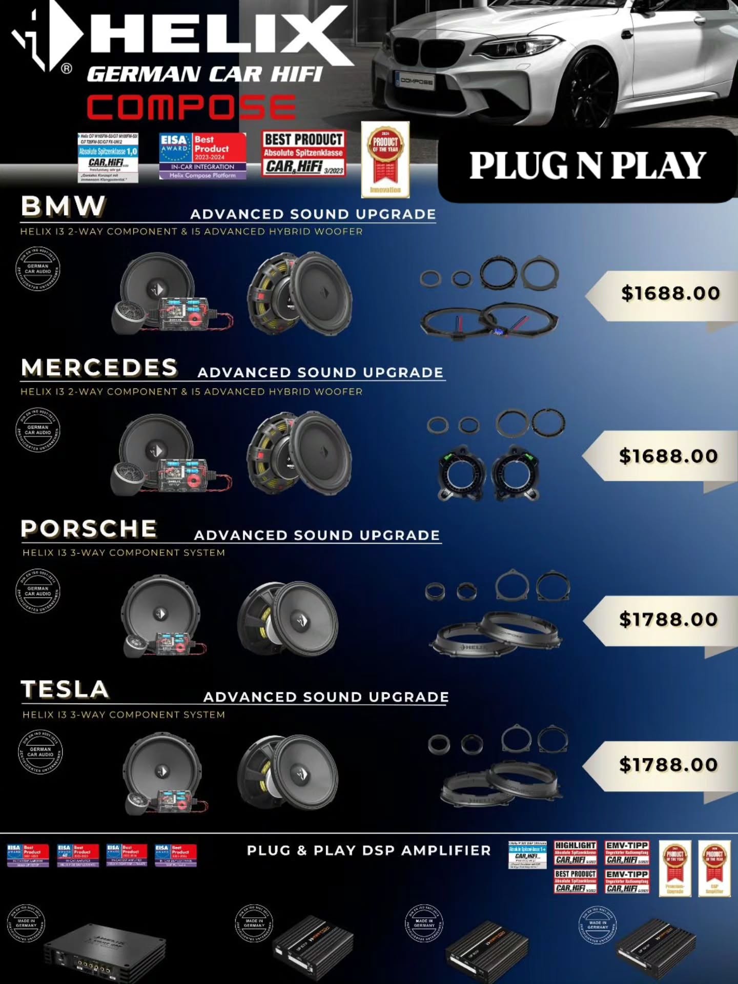 Level up your luxury ride's audio with zero hassle! 🚀
The HELIX COMPOSE SERIES is the ultimate plug-and-play audio upgrade for your BMW, Mercedes, Porsche, or Tesla.
Experience a dramatic improvement over your stock system with rich, detailed sound. Best of all:
✅ Truly Plug & Play: Designed specifically for your vehicle.
✅ Fast Installation: Get back on the road sooner.
✅ Zero Warranty Issues: Install with confidence.
Don't just drive—listen.
Upgrade your experience today..
#HelixComposeSeries #HelixAudio #PlugAndPlayAudio #CarAudioUpgrade #HighFidelity
#bmwsg #mercedessg #porschesg #teslasg
@audiotecfischer
@harrioxgroup