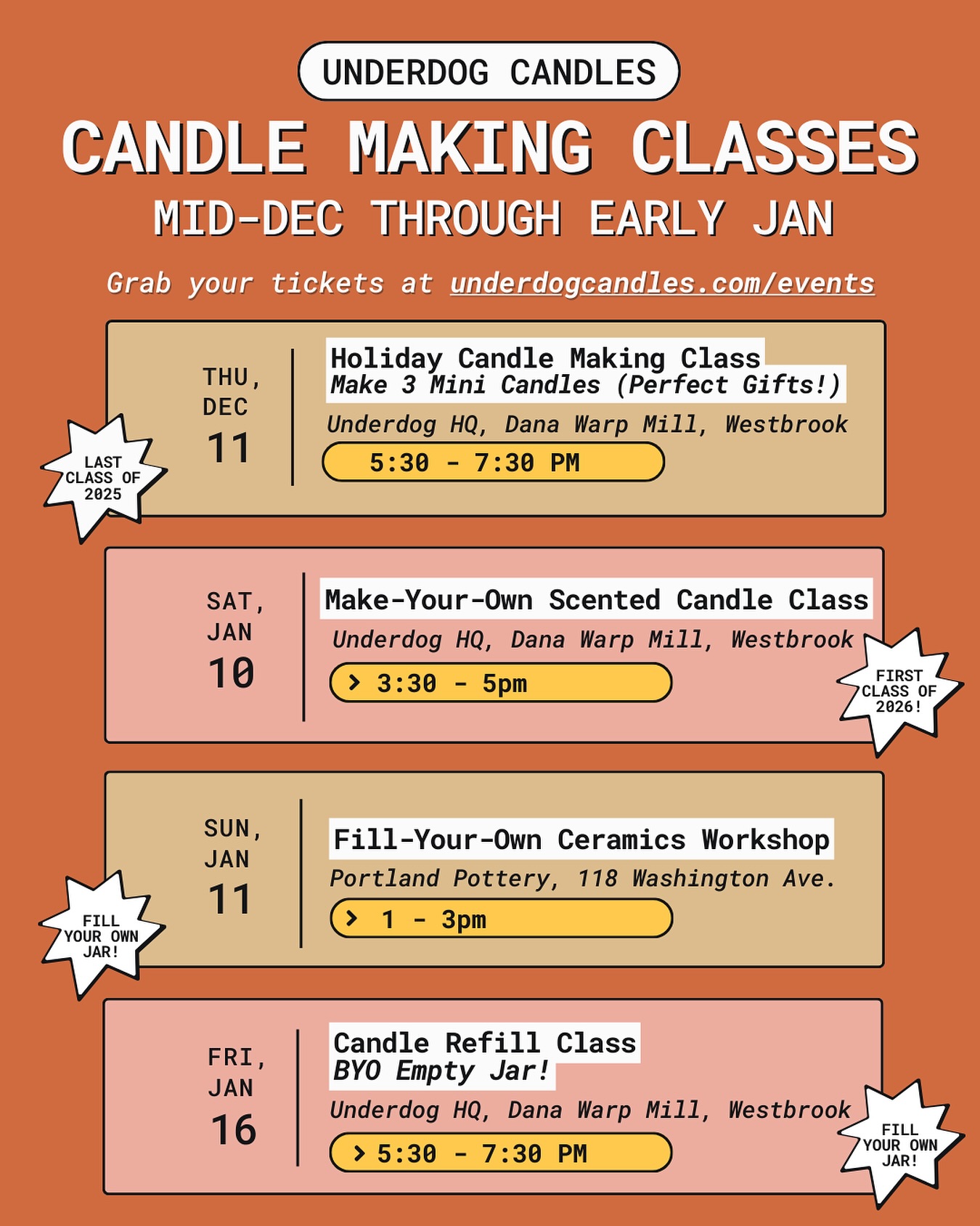 The sun may be setting at 4pm, but cozy winter candle making classes are still going strong!
So many fun classes coming up, including another workshop with @portlandpottery (back by popular demand!). Plz join me!
✅ If you like gifting experiences instead of physical items around the holidays, snag an extra class ticket for your loved one and that’s it. That’s the gift! Or if you don’t know their schedule, snag an Underdog Candles gift card that can be applied to a future class ticket.
✅ You’ll take home a handmade candle that’s perfect for gifting, and you’ll also learn how to make them on your own at home 😘
Spots are limited, so snag your tickets at the link in my bio or at underdogcandles.com/events
#candlemakingworkshop #portlandmaine #mainemade #westbrookmaine #candlebar