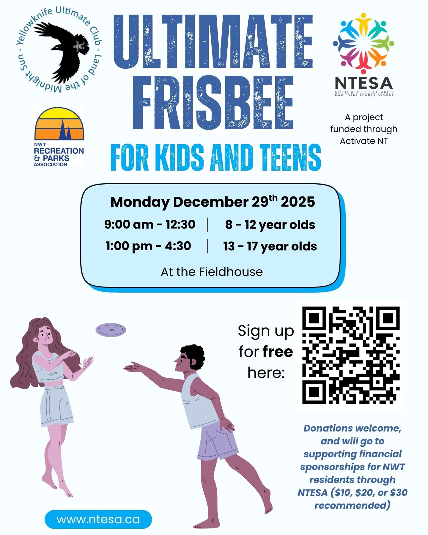 Sign you child up for a half day skills clinic for ultimate frisbee on Monday December 29th!
Funded by an Activate NT grant through the NWTRPA, and in collaboration with the Yellowknife Ultimate Club.
Sign in link in bio.