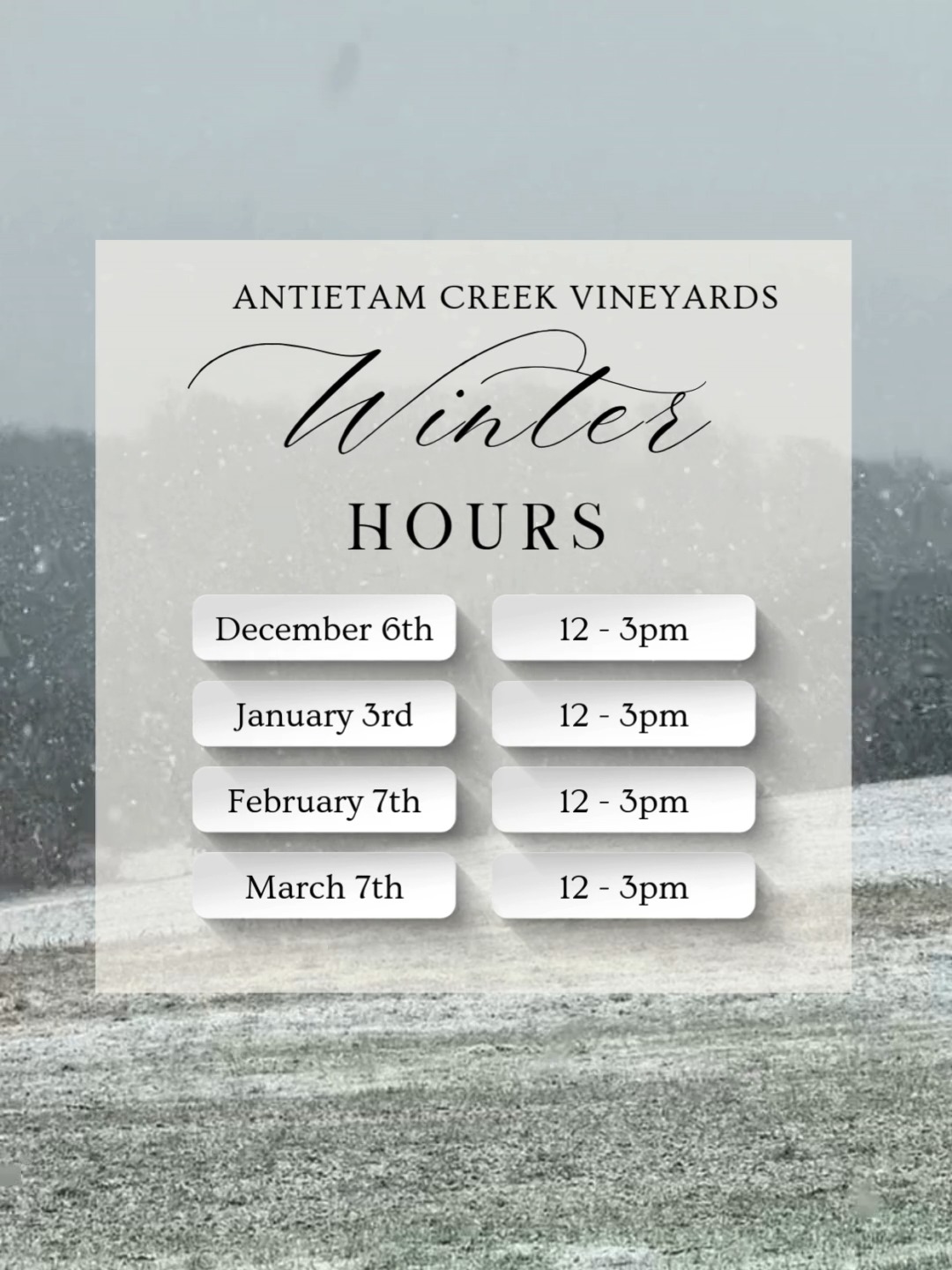 Although we are officially closed for the season, we do have 4 dates this winter that you can stop by the tasting room and stock up on our wine.
We will be open from 12-3pm on Dec 6th, Jan 3rd, Feb 7th, and Mar 7th for wine club pick up as well as bottle sales to the general public. During this time you are welcome to take your bottles to go or hang out with us and open a bottle of wine. We will have some snacks available for purchase or feel free to bring your own lunch.
*On days where the weather is permitting, we will have a complimentary light lunch for our wine club members.
#winterwine #winterhours #winery #winery🍷 #wineryfun #winerylife #WineryVibes #winerylovers #closedfortheseason