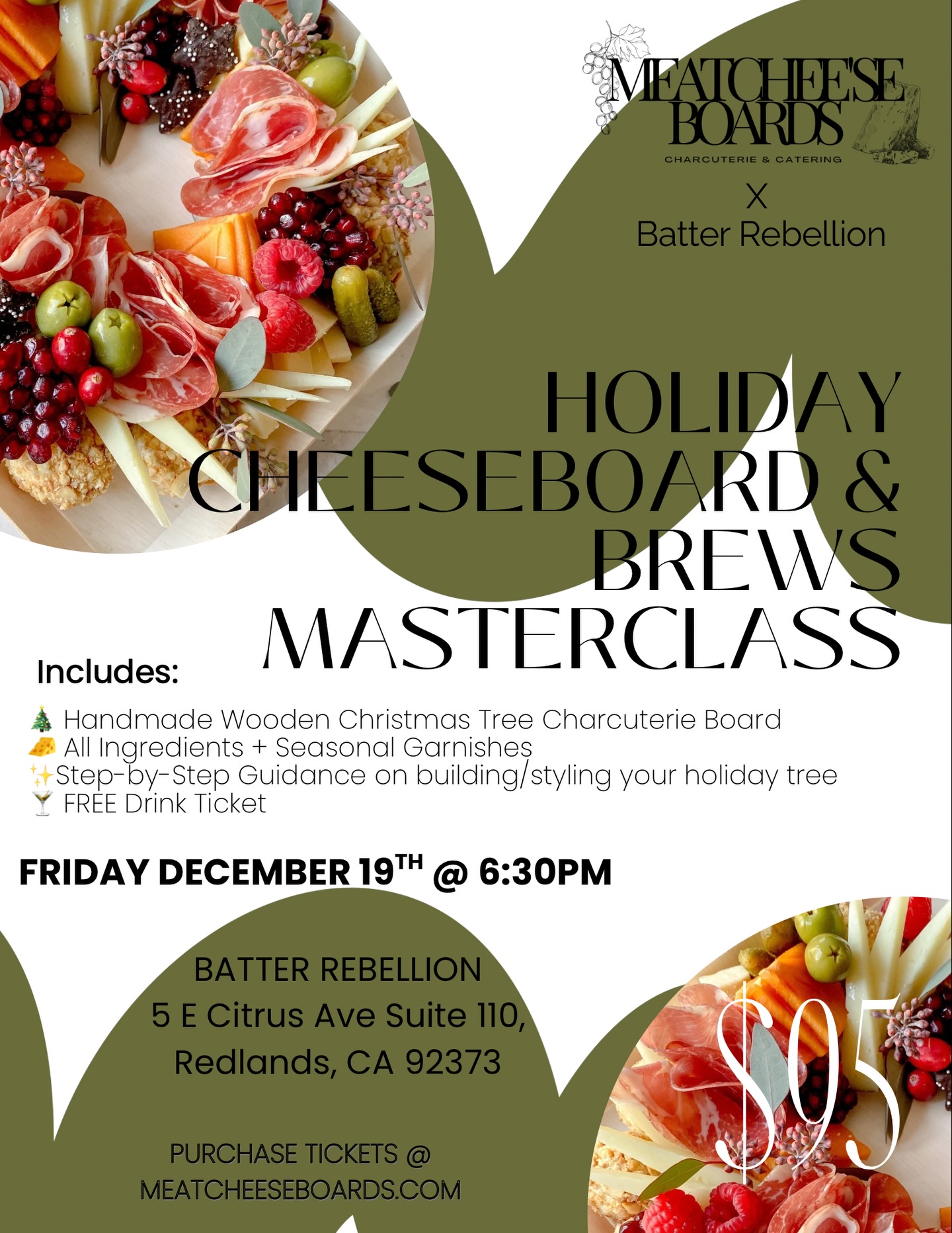🎄✨ Our FIRST EVER Charcuterie Christmas Tree Workshop is here! ✨🎄
Okay… I have never been this excited for a class before. Not only are we building the cutest holiday charcuterie trees, and my fiancé is hand-making every single wooden tree board for you all! 😭🤍
This is our first time offering something like this and we cannot WAIT to create with you. Holiday vibes, good food, a free drink, and a keepsake board you’ll use year after year? Yes. Please.
🎅🏼 Friday, December 19th · 6:30pm at Batter Rebellion in Redlands
🍸 FREE drink ticket
🎄 Handmade wooden tree board included
🧀 All ingredients + styling tips
✨ Photo-op moment + holiday fun
Seats are limited and these trees are truly one-of-a-kind.
Comment TREE and I’ll send you the link to grab your ticket.
we can’t wait to experience this with you! ✨🤍
#thingstodoinredlands #redlandsca #charcuterieclass