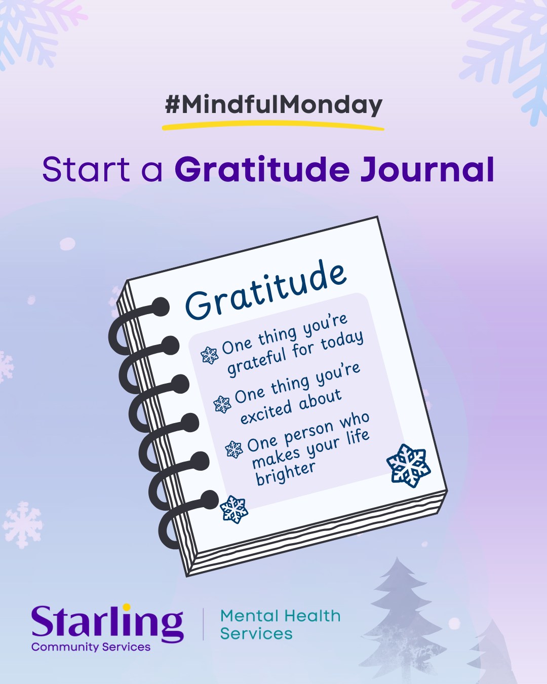 The holiday season can feel overwhelming, but gratitude can help you slow down and find calm. This month we're sharing tips on how to practice gratitude during the holiday season.
Start a Gratitude Journal today and list:
✅ 1 thing you're grateful for
✅ 1 thing you're excited about
✅ 1 person who makes life brighter
It’s okay to stop and think before writing, don’t rush yourself.
And remember to be gentle with yourself. There is no wrong way to journal, and some days, finding gratitude feels easier than others.
💬 What’s one thing you’re grateful for today? Share in the comments!
For more ideas on what to include in a gratitude journal, check out our Children's Mental Health blog "Practicing Gratitude this Holiday Season."
Link in bio!
#MindfulMonday #GratitudePractice #MentalWellness
