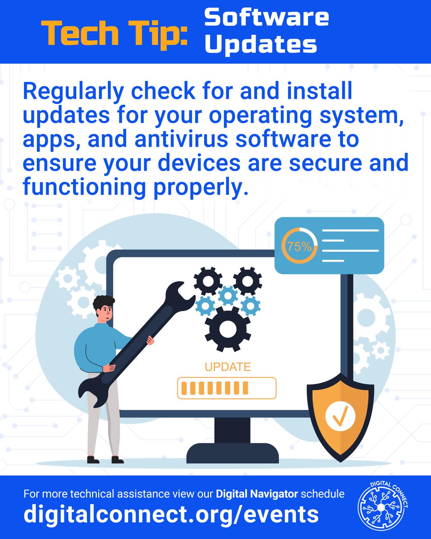 🚀 Tech Tip Time!
Keeping your devices up to date is one of the easiest ways to stay secure and keep things running smoothly. ✅
🔄 Regularly check for software updates and install them right away — updates often fix bugs, improve performance, and protect against security risks.
📲 Share this tip with your family and friends so we can continue bridging the digital divide in our community together! 💡🌍