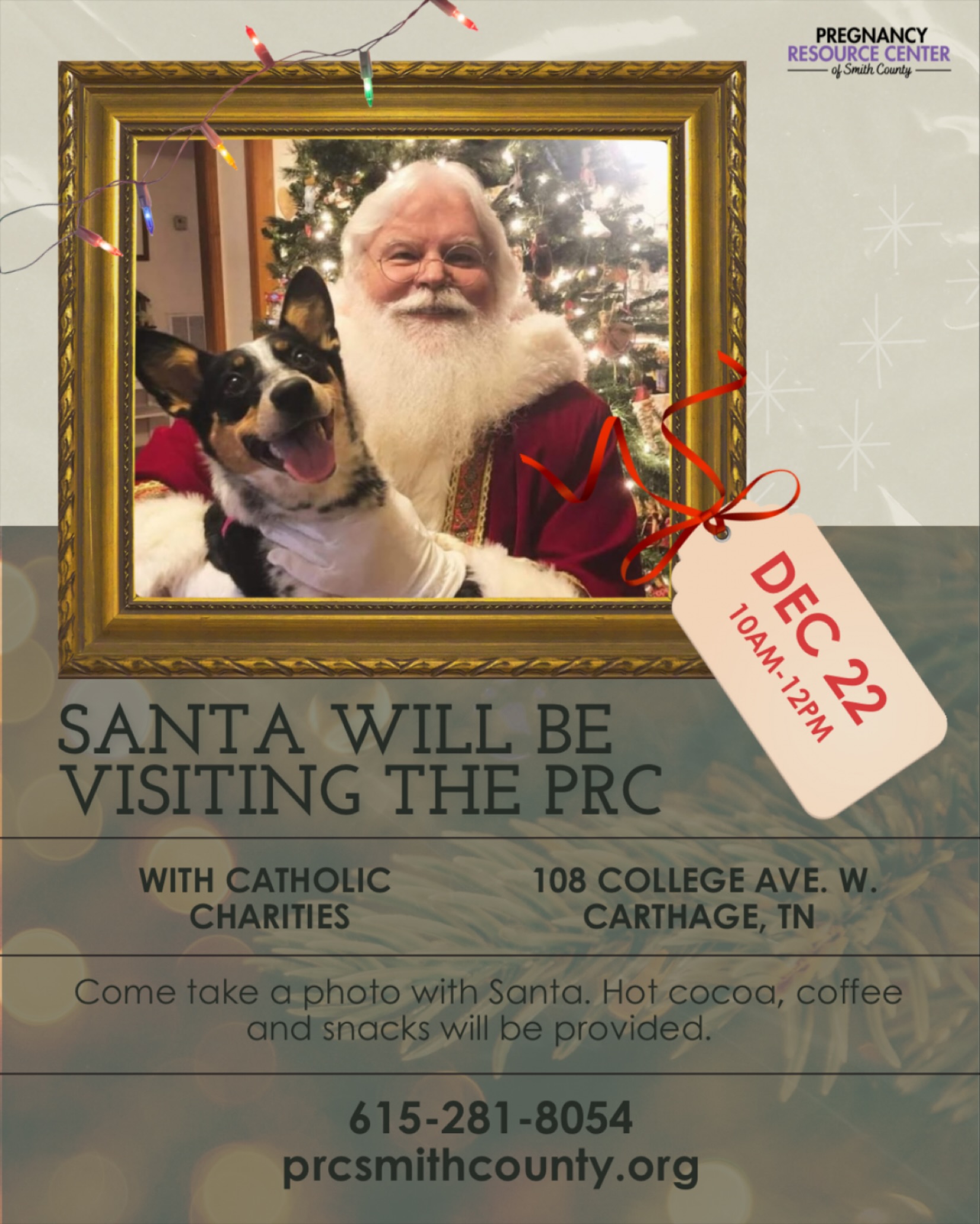 Tracie from Catholic Charities will be paying us another visit on December 22nd, and this time she’s bringing Santa!
If you are already part of her program, or are interested in signing up stop by between 10-12 and see what it’s all about.
Santa will be available for photos, refreshments will be provided.
Want to know more? Give us a call at 615-281-8054 or visit prcsmithcounty.org