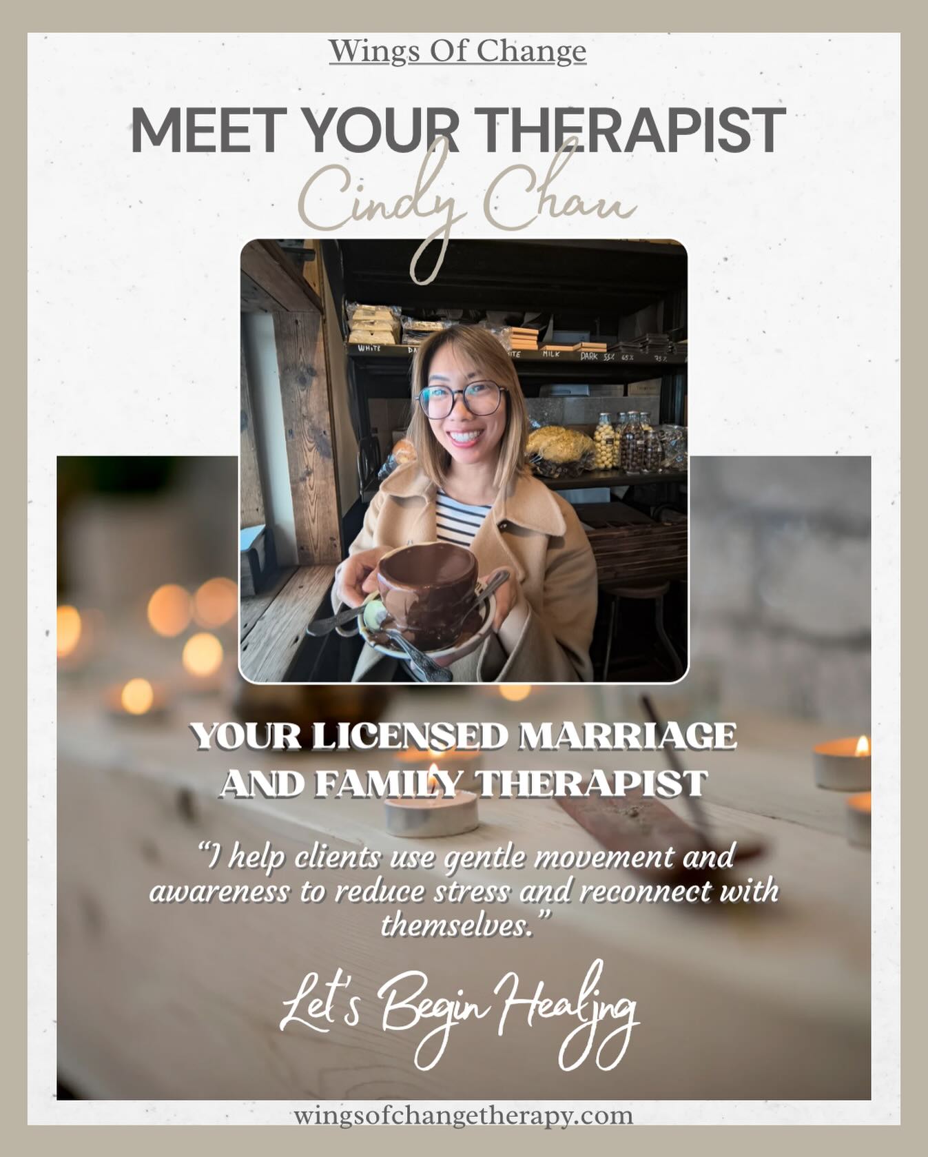 At Wings of Change Therapy, we’re proud to have Cindy Chau, LMFT, whose calming, somatic approach helps clients reconnect with their bodies and find relief from stress in real, tangible ways. Cindy specializes in integrating gentle, grounding practices that support nervous system regulation and emotional awareness.
In her work, Cindy guides clients to pause and notice where stress shows up physically — then introduces small, mindful movements like soft body bounces to help release tension. These simple shifts strengthen the mind–body connection, allowing clients to understand how their emotions manifest in the body.
Through techniques like shaking out the arms or rolling the shoulders, Cindy helps clients move stored stress hormones, reset their nervous systems, and return to a steadier sense of calm.
Her approach empowers clients to regulate themselves in the moment. Instead of becoming overwhelmed by stress, they learn to interpret physical sensations as signals of what they need. Over time, this practice builds resilience and teaches the body that it is safe to soften, breathe, and return to the present.
At Wings of Change, we deeply value Cindy’s intuitive and nurturing style — one that invites healing through awareness, embodiment, and gentle movement.
If you’re ready to explore this kind of grounding, supportive work, we’d be honored to walk alongside you.
📞 (760) 587-3075
📧 Dakota@wingsofchangetherapy.com
#lmft #therapist #fyp
